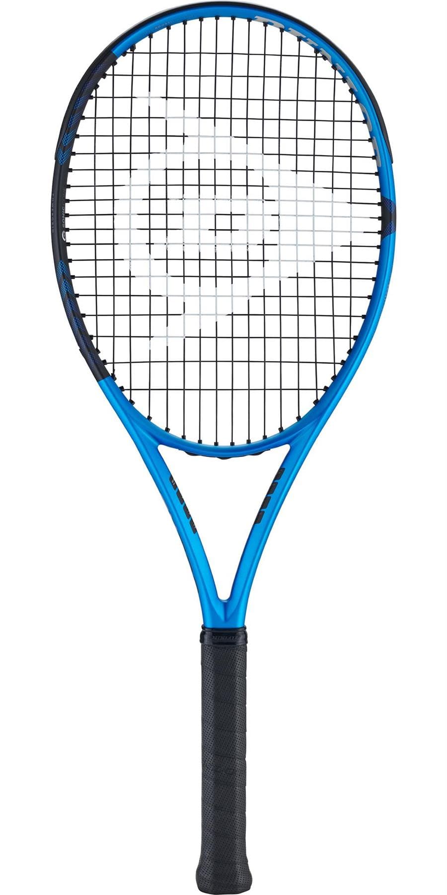 Presenting the Dunlop FX 500 2023 Tennis Racket, a blue and black masterpiece. This frame-only model is designed for peak performance, featuring a circular head that offers a Power Boost on every swing, all highlighted against a simple white backdrop.