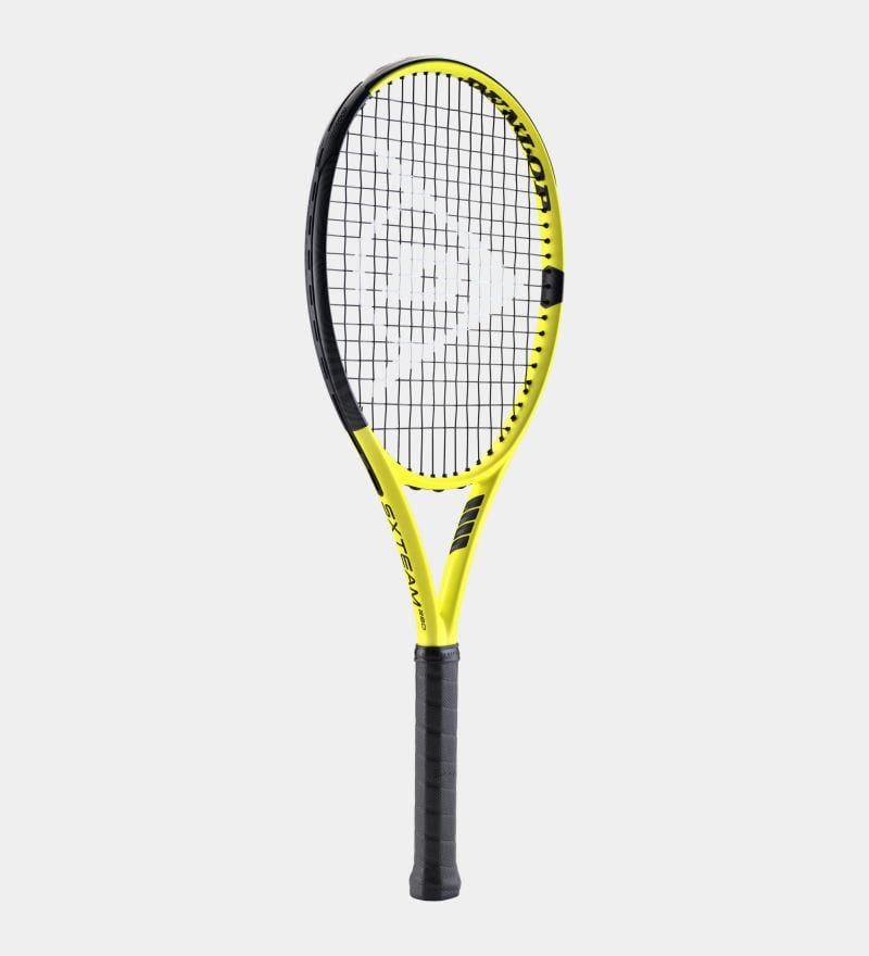The Dunlop SX Team 280g Tennis Racket features a stylish yellow and black design, incorporating AEROSKIN technology to enhance performance. The brand's white logo is prominently displayed on the strings, while the frame's matte and glossy finishes elegantly contrast with its black-wrapped grip set against a simple white background.