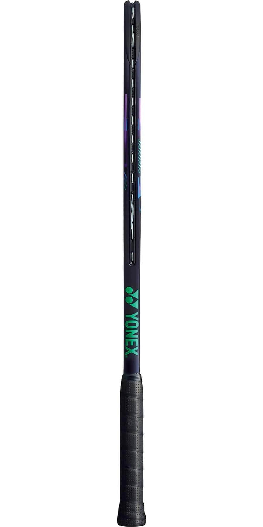 A stylish Yonex VCORE Pro 97 Tennis Racket, featuring a vibrant green and purple design, is displayed upright against a plain white background. Its side profile and textured grip are highlighted, catering to advanced players aiming for precision and power.
