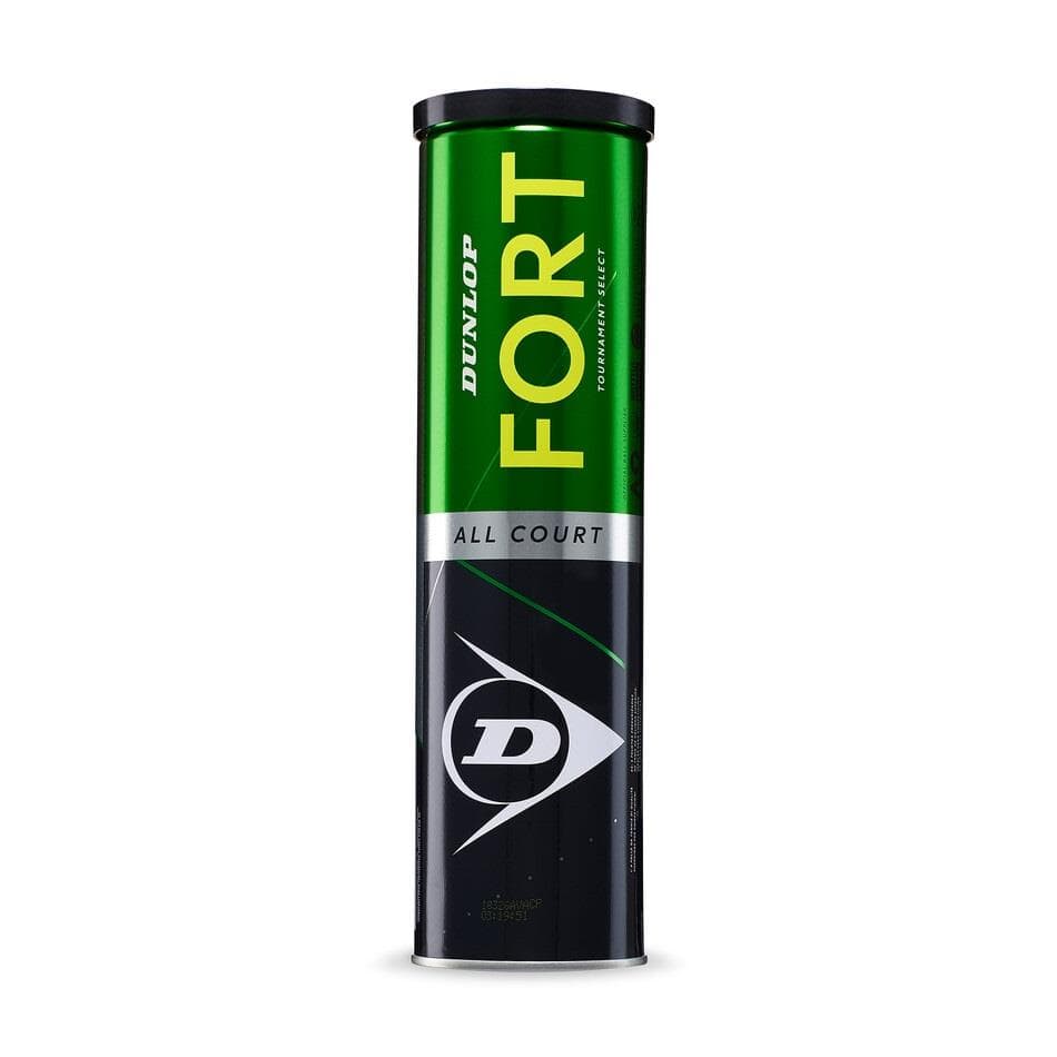 A cylindrical container with green and black design holds Dunlop Fort All Court Tennis Balls, standing upright against a white background. The text reads "Dunlop Fort All Court," showcasing these ITF-approved tennis balls made with Dunlop HD Core technology for exceptional performance.