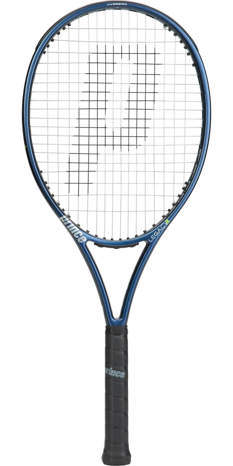 Introducing the Prince O3 Legacy 110 270g Tennis Racket in blue, incorporating TeXtreme technology and a dark grip. The strings prominently display the iconic Prince logo, while the sleek, modern frame design features a large sweetspot to enhance performance.