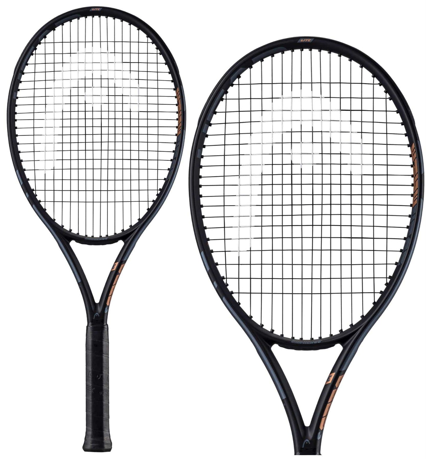 Displayed are two HEAD IG Challenge Lite Tennis Rackets in a sleek black color with a graphite construction for enhanced durability. They boast a stylish design and textured grips, making them perfect for beginner players, with tightly strung strings signaling their fresh, game-ready condition, all set against a simple white background.