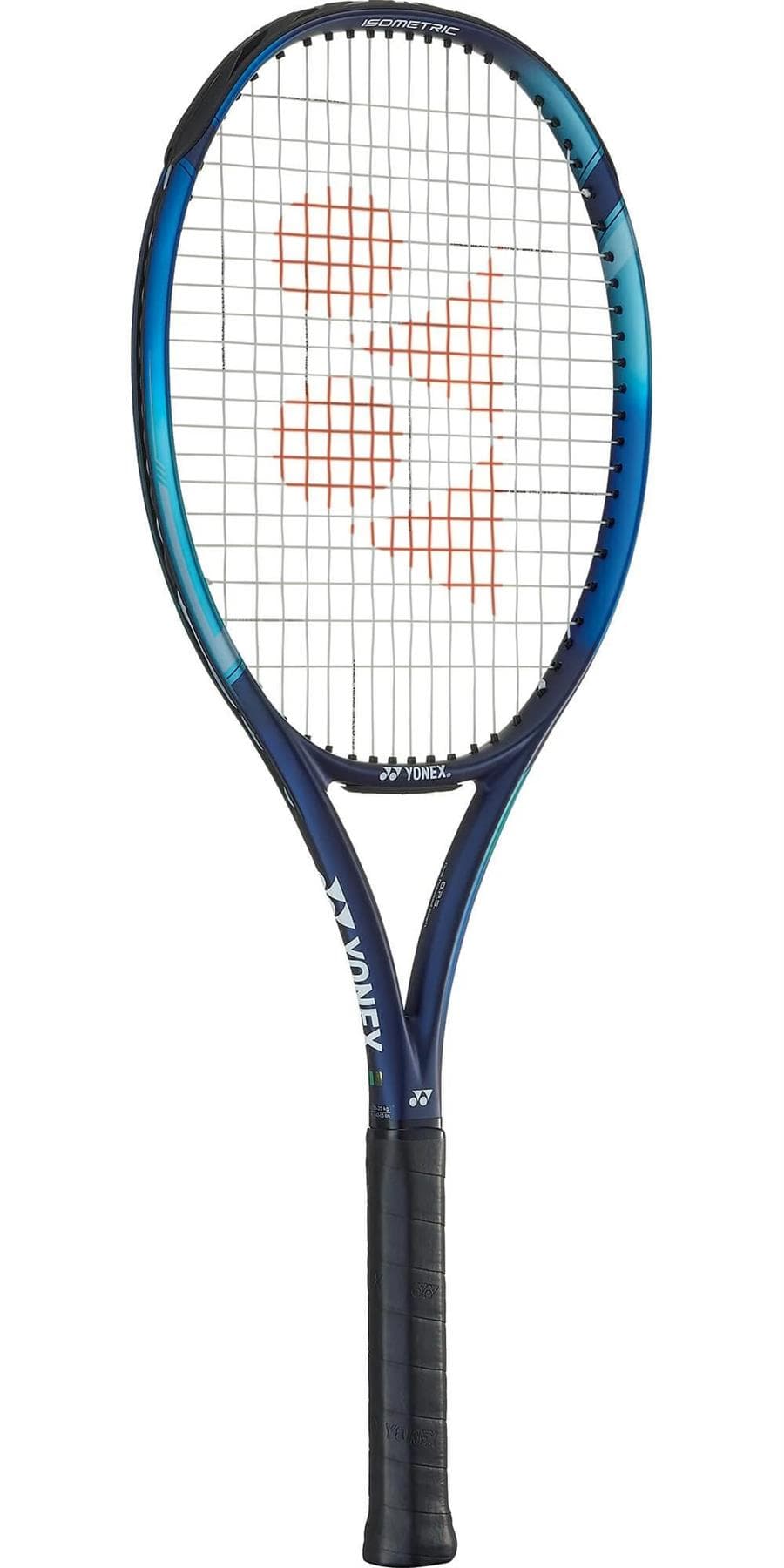 The Yonex EZONE Ace Tennis Racket - Sky Blue showcases a distinctive blue and black design with a white string pattern, accented by an orange detail in the center. Its Oval Pressed Shaft technology boosts power and comfort, while the prominent "Yonex" logo is emblazoned on the throat of the racket.