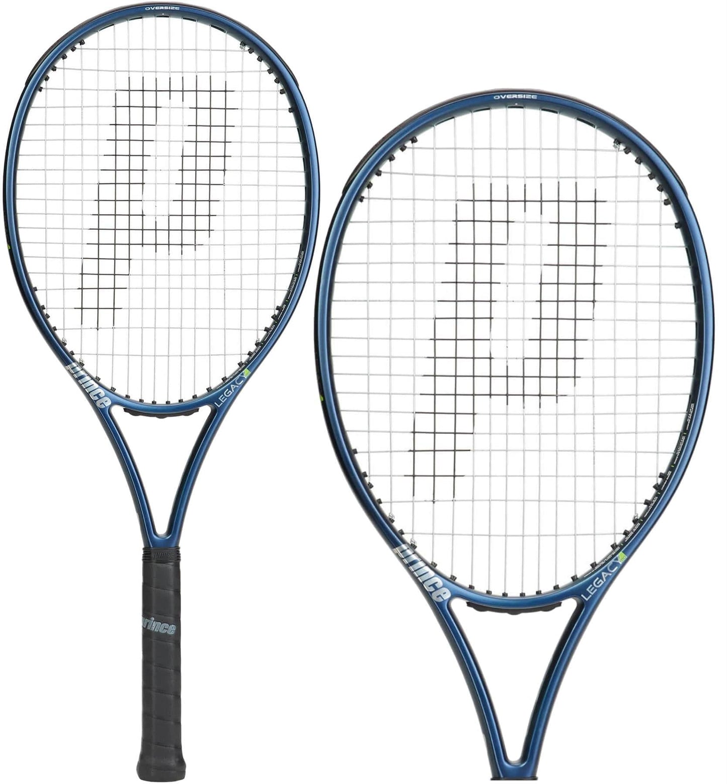 Displayed against a white background, the Prince O3 Legacy 110 270g tennis rackets showcase their blue frames with black grips and the distinctive large "P" logo on the strings. Renowned for their large sweetspot and advanced TeXtreme technology, these Prince rackets are presented in pair.