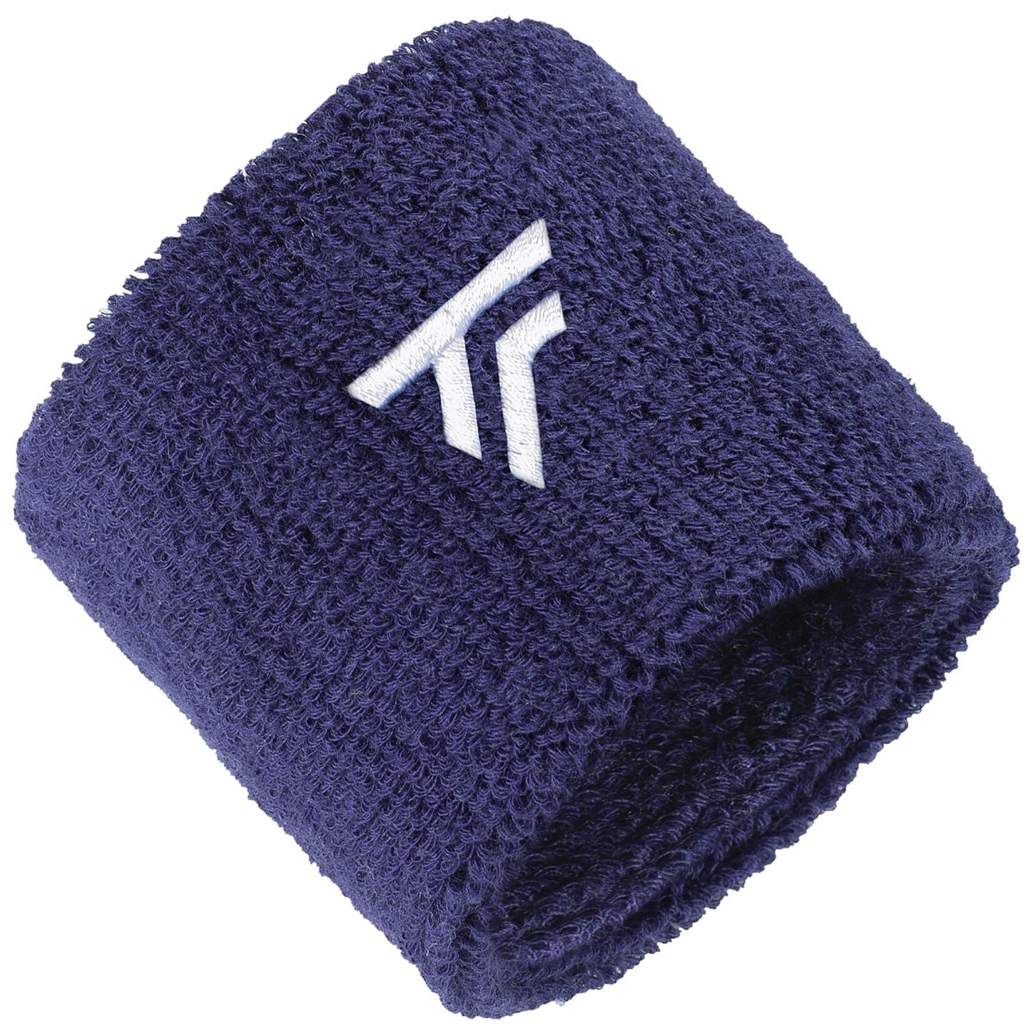 A marine-colored Tecnifibre Tennis Wristband Sweatband from the 2 Pack collection features a textured fabric and a white logo on the front, made up of two angled lines that create a stylized "F" design. This cylindrical design is intended for wear on the wrist.