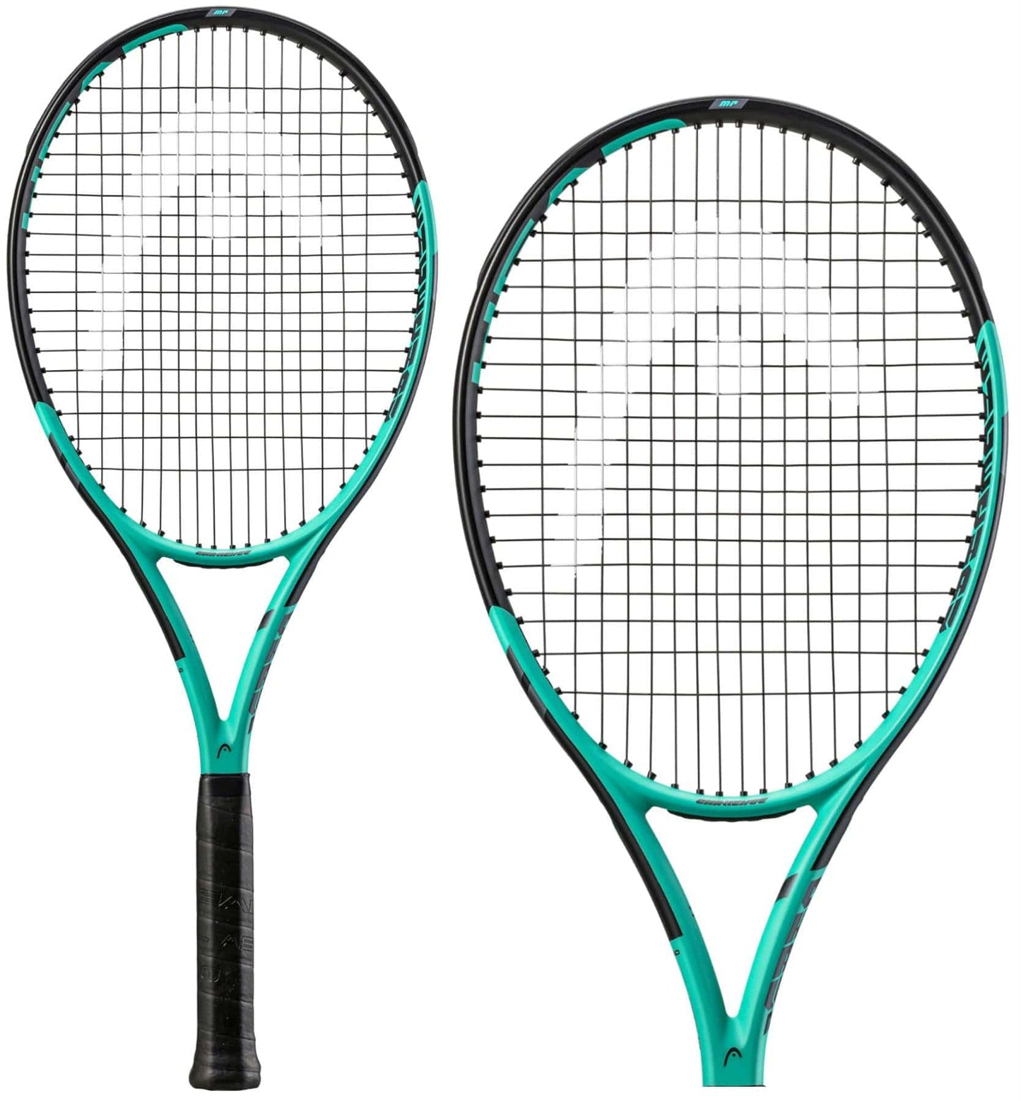 The HEAD IG Challenge MP Tennis Rackets, boasting a sleek modern design, feature graphite construction with black grips and strings. The frames display a vibrant mint hue accented in black, enhanced by Innegra technology for superior performance.