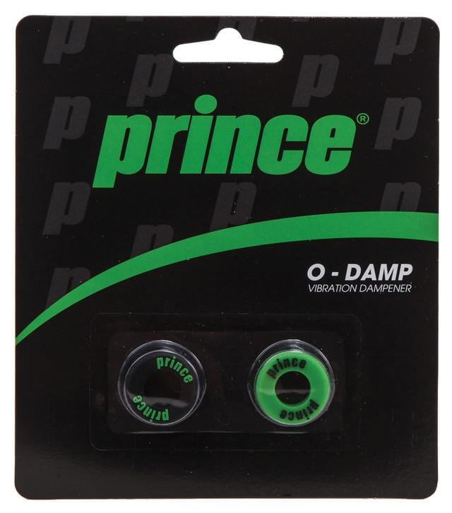 Packaging for the Prince O-Damp Vibration Dampener - Black, designed to minimize string vibrations and enhance feel. This set includes two circular dampeners featuring a green and black color scheme on a sleek black background, with the brand name Prince elegantly highlighted in green.