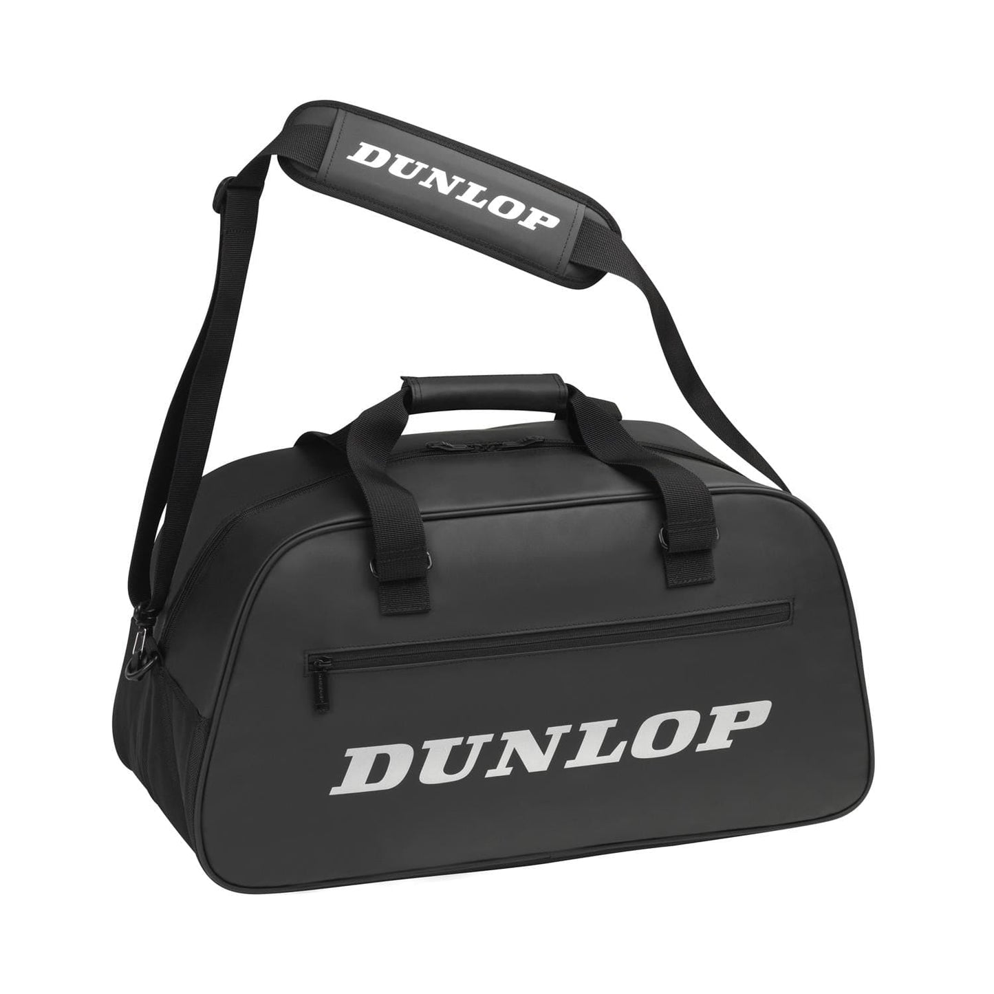 The Dunlop Pro Duffle Tennis Bag - Black, by Dunlop, is a stylish sports bag featuring bold white "DUNLOP" lettering on the side and a comfortable padded shoulder strap. Constructed with robust TPU material, it includes two handles and a handy front zipper pocket ideal for storing tennis gear.