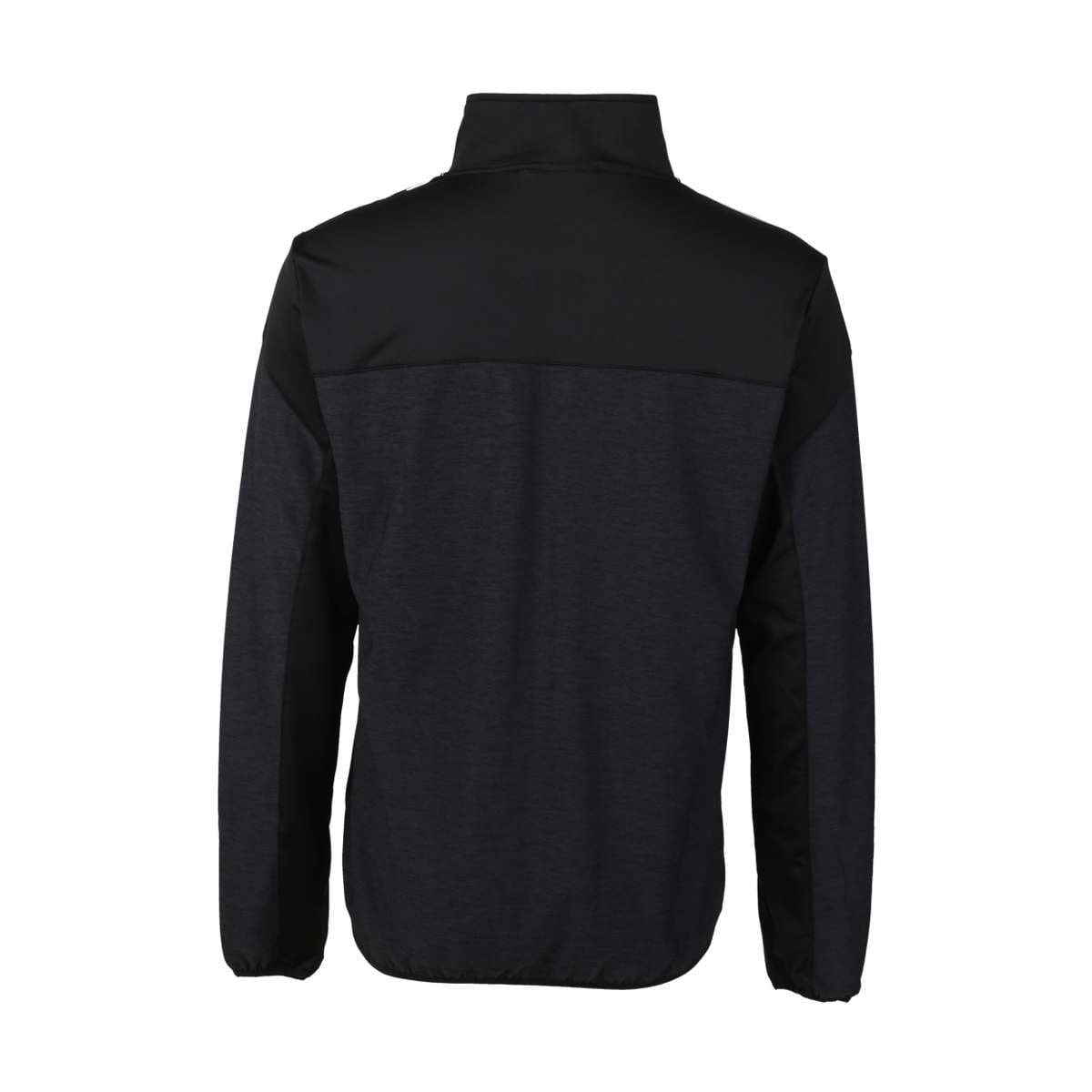 The FZ Forza Bradford Jacket - Black, designed by FZ Forza, is depicted from the back. It boasts a warm high collar and long sleeves, ideal for chilly tournaments. The jacket presents a solid black upper section and a subtly textured dark gray lower section.
