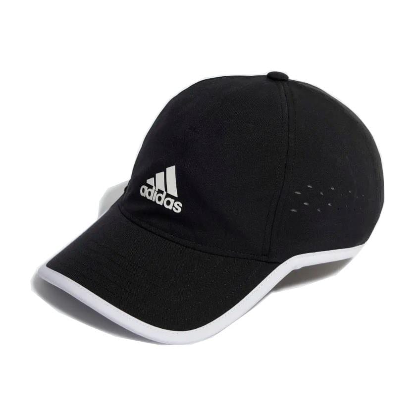 Introducing the adidas Aeroready Baseball Cap in black, designed by adidas with recycled content. It boasts a prominent white logo on the front, accented by a white trim along the brim and side ventilation holes. This cap is equipped with adidas Aeroready technology to keep you cool and comfortable.