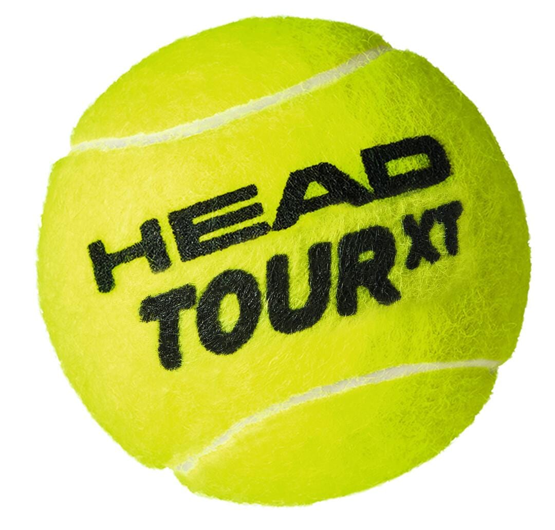 A detailed image features a premium tennis ball from the HEAD Tour XT collection, displaying its vibrant yellow color with "HEAD TOUR XT" in bold black letters. The visible textured felt and seams emphasize the advanced Impact (EN)Core technology for exceptional performance.