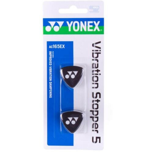 The package contains two Yonex AC165 Tennis Vibration Dampers in black, specifically crafted to minimize vibrations in tennis rackets. The sleek blue and white packaging prominently showcases the Yonex branding.