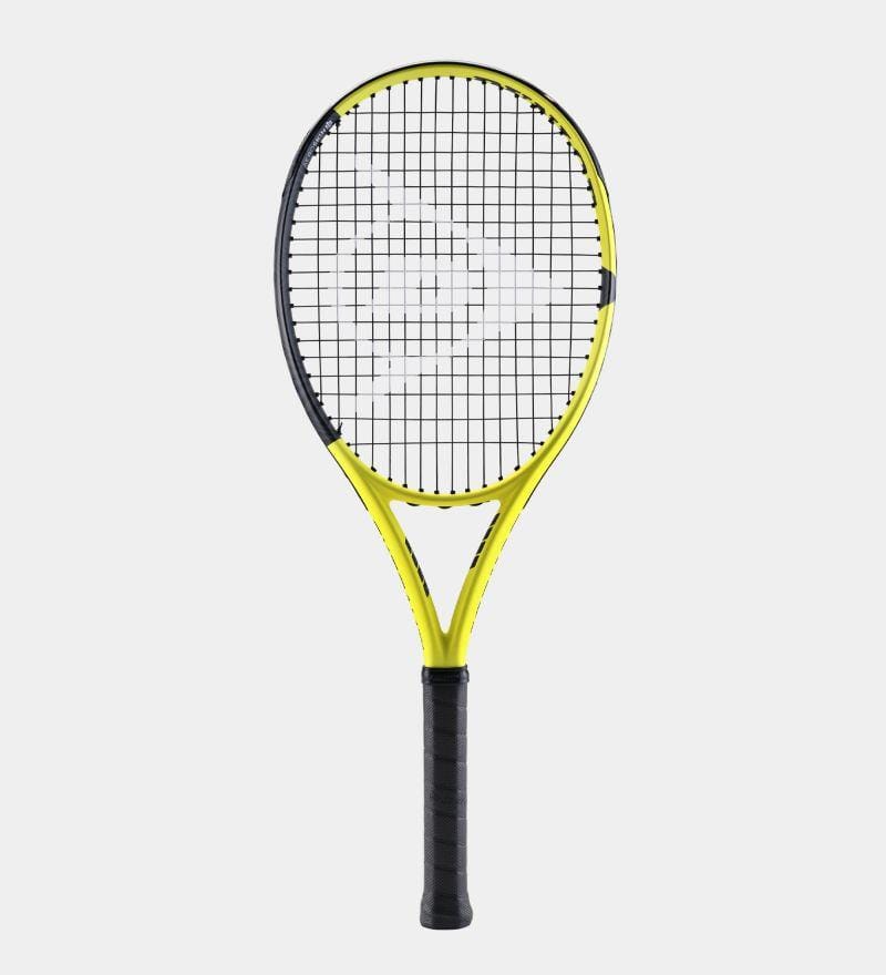 The Dunlop SX Team 280g Tennis Racket (Strung) by Dunlop, incorporating AEROSKIN technology, showcases a yellow and black design with a grid pattern on the strings against a simple light gray background.