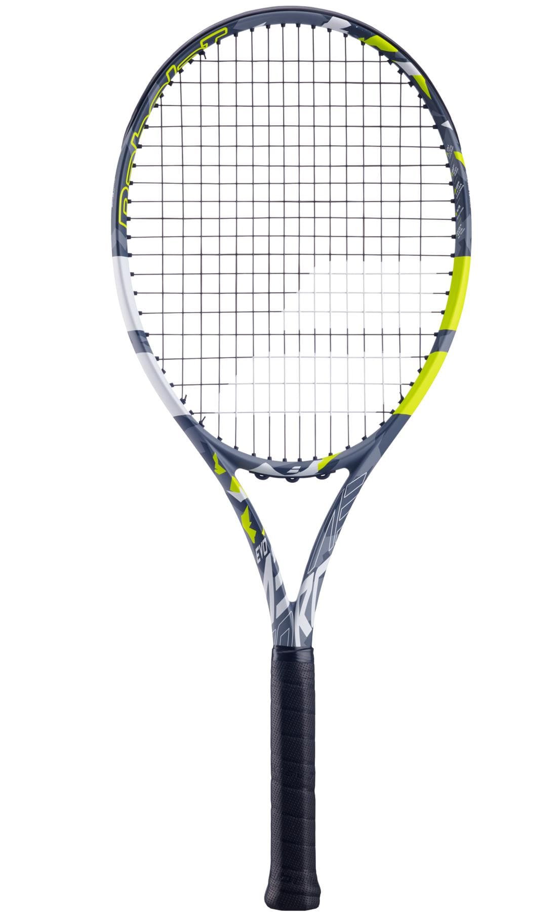 The Babolat EVO Aero Tennis racket by Babolat showcases a sleek design with a white frame accented by gray and neon yellow details, complemented by black grip and strings. Engineered to deliver power and comfort, it elevates your game with its innovative Spin Alpha technology integrated into the dynamic structure.