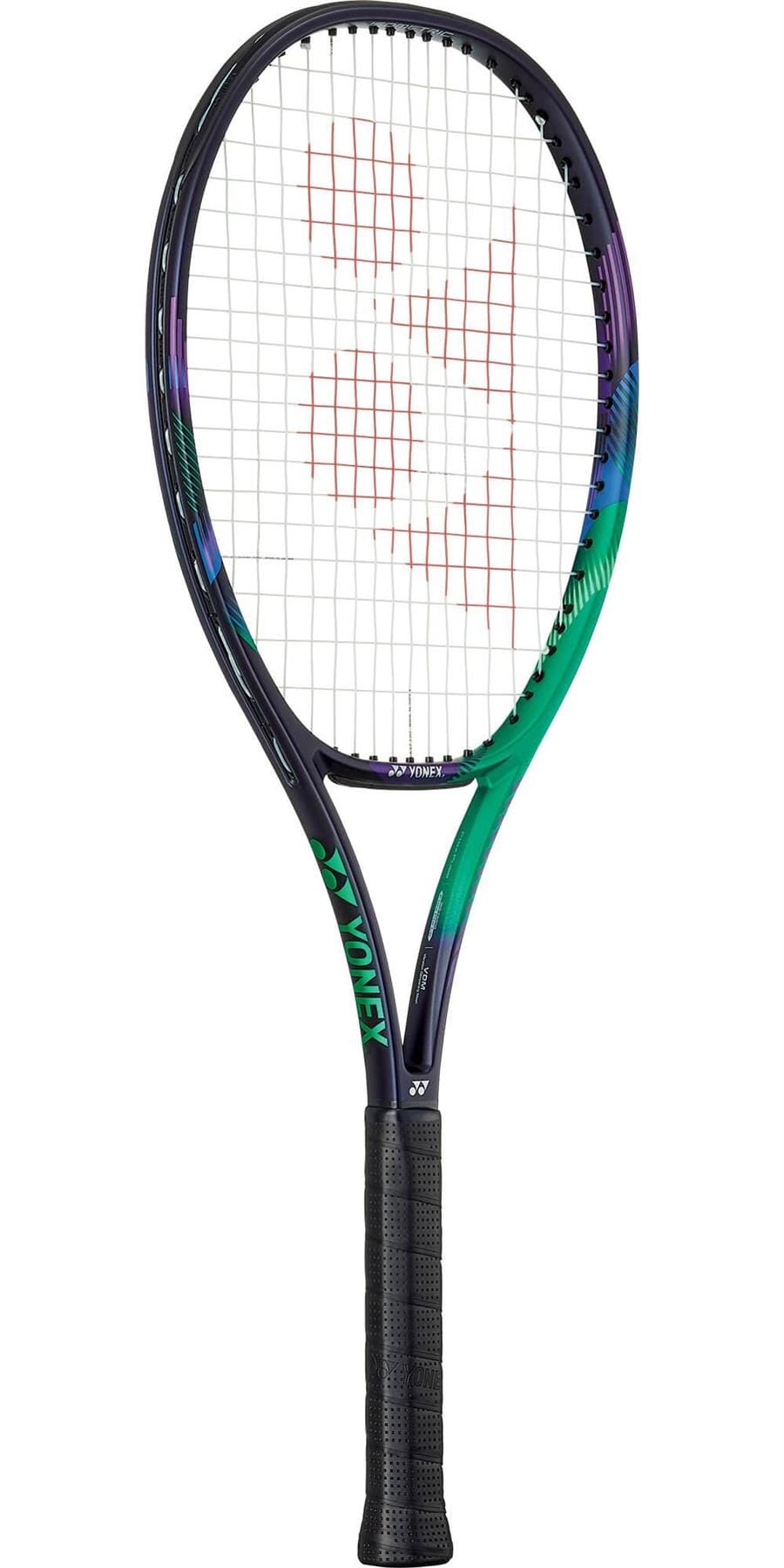 The Yonex VCORE Pro 100 Game Tennis Racket - Green / Purple by Yonex boasts a stylish black frame adorned with a multicolored design featuring shades of purple, blue, and green. Ideal for intermediate players, it includes white strings with a centrally placed red logo pattern and is finished with a handle wrapped in black grip tape.