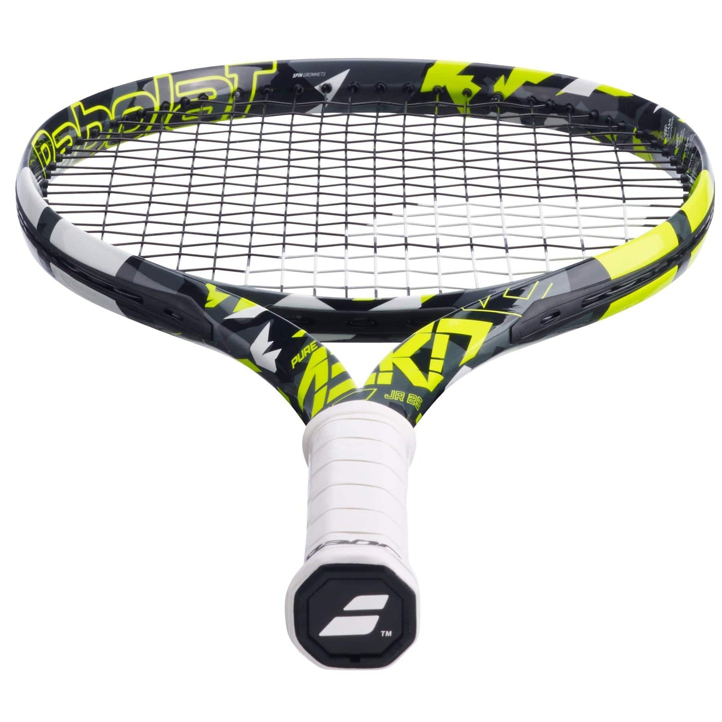 A close-up of the Babolat Pure Aero Junior 26 Tennis Racket, featuring a grey and yellow color scheme, highlights advanced spin technology with its tightly woven strings and prominently displayed brand logo on the handle. Its aerodynamic frame is embellished with angular patterns in grey, yellow, and white.