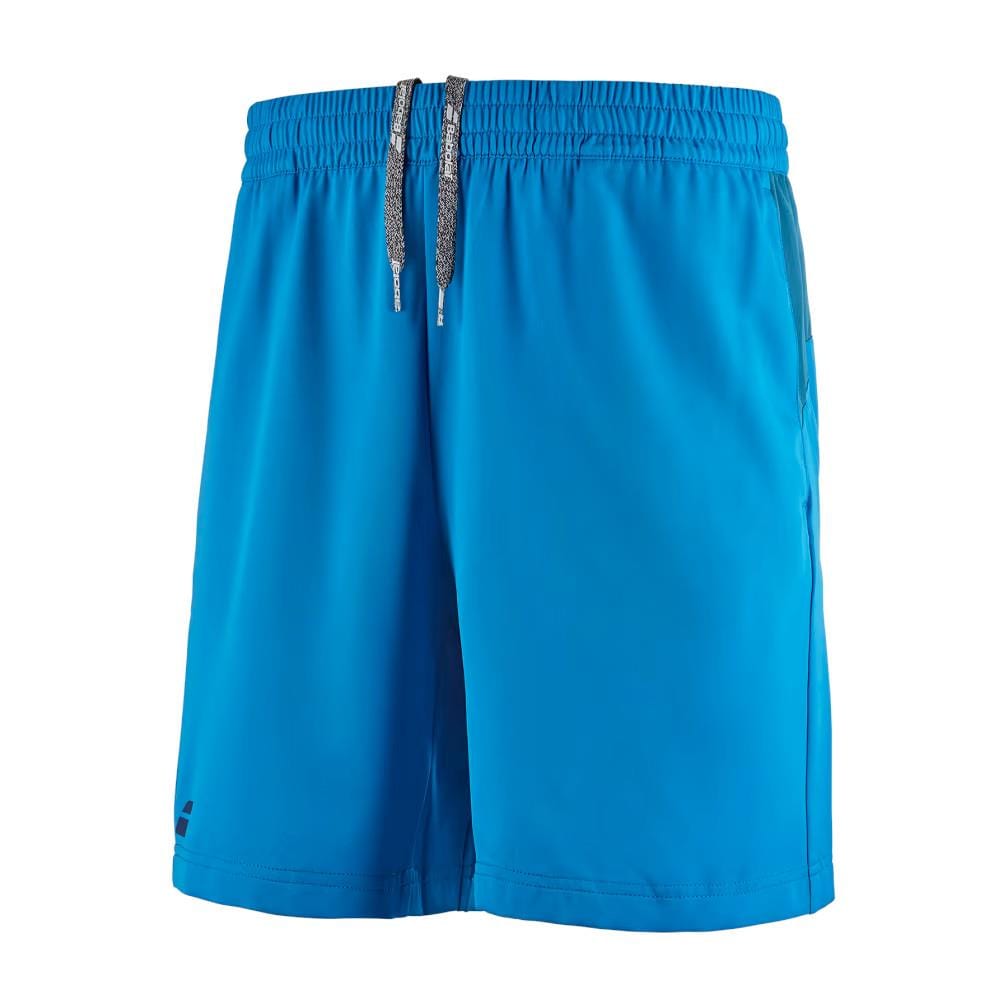 The Babolat Play Men's Tennis Shorts in Blue Aster feature an elastic waistband with a drawstring, small side pockets, and the enhanced 360 Motion design by Babolat for ultimate mobility.
