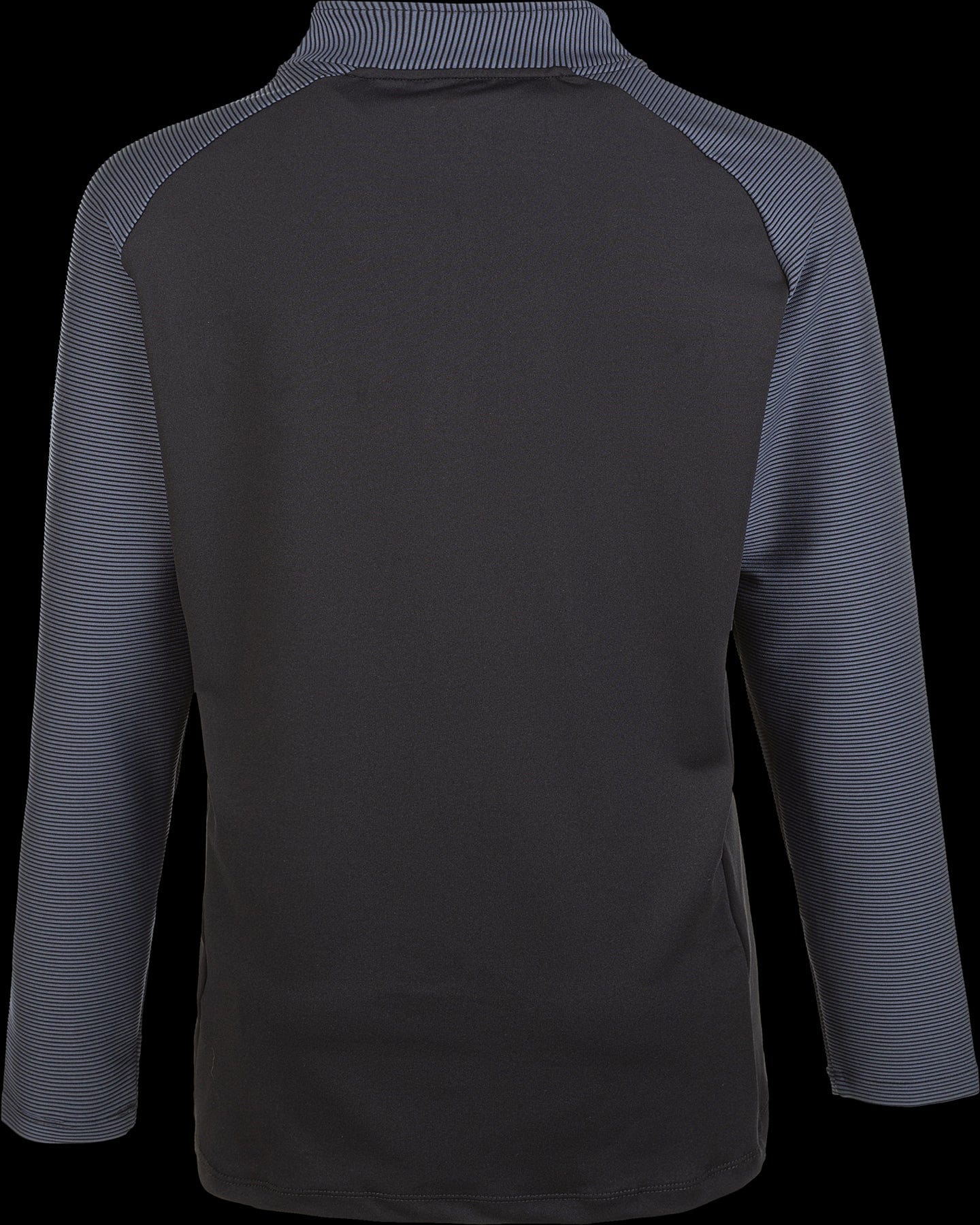 Back view of the stretchable FZ Forza Stacey Pulli Women's Quarter Zip Jacket, displaying a long-sleeve design with a high collar. The jacket features a black body and dark gray sleeves with subtle horizontal stripes, enhanced by Dryforze technology for optimal comfort from FZ Forza.