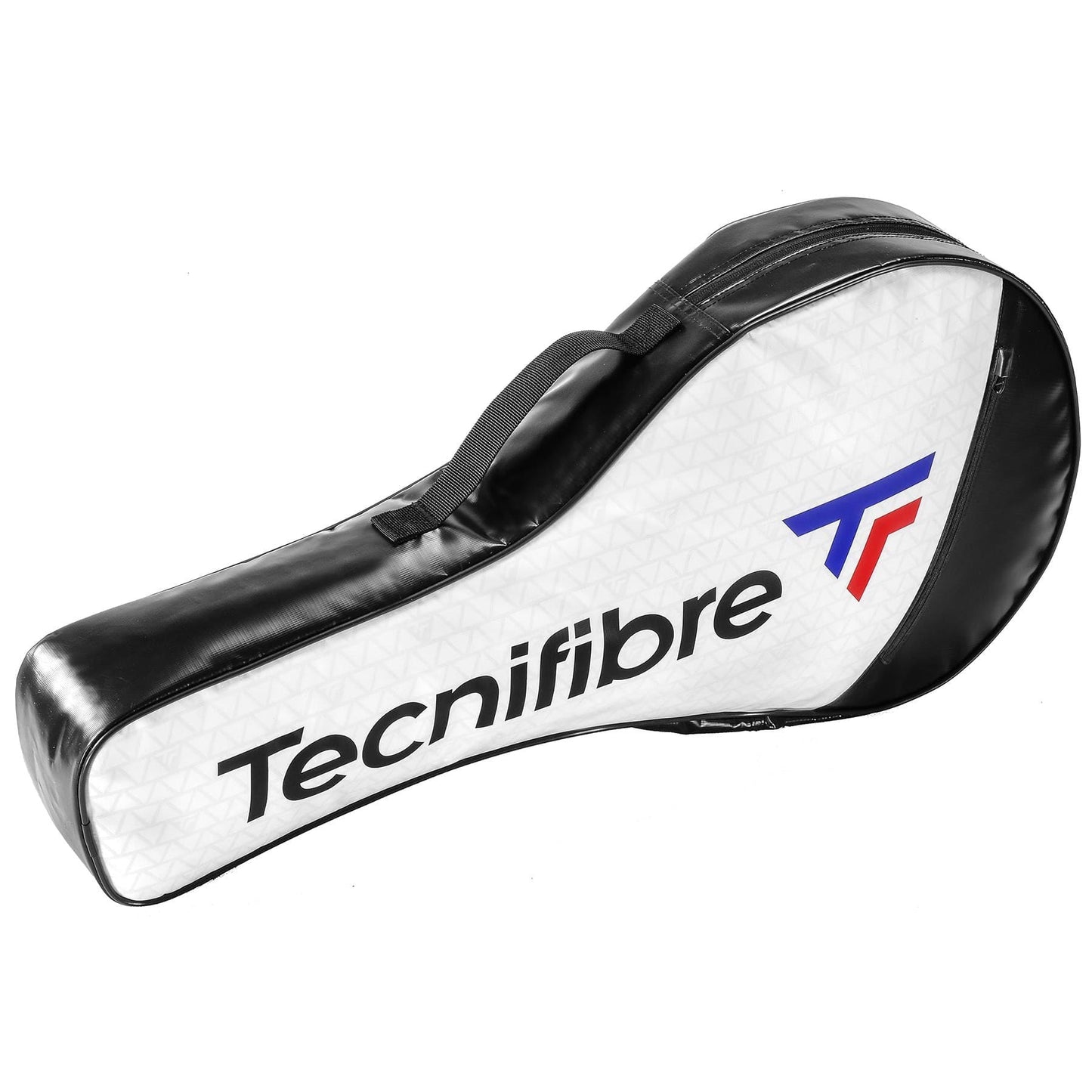 The Tecnifibre Tour Endurance RS 4R Tennis Racket Bag in white and black, showcasing a distinctive blue and red logo, includes durable thermocollated zips and a convenient carrying handle, emphasizing its design for endurance on the court.