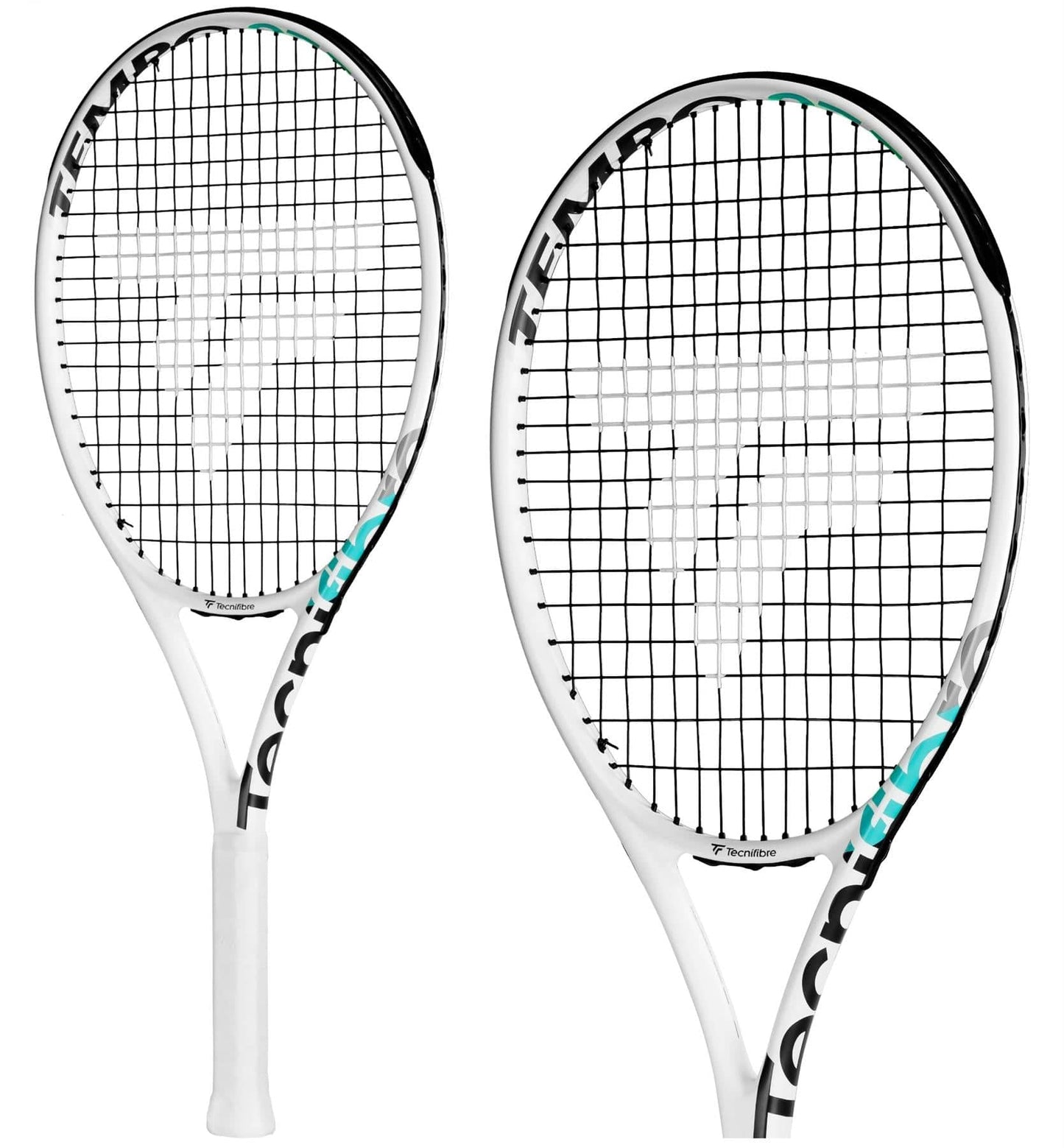 Two white Tecnifibre Tempo 275 tennis rackets featuring black strings and turquoise accents are displayed. The Tecnifibre brand is prominently showcased, with a distinctive logo on the strings. The innovative Tempo System of this women's tennis racket enhances the game for players seeking precision and style.
