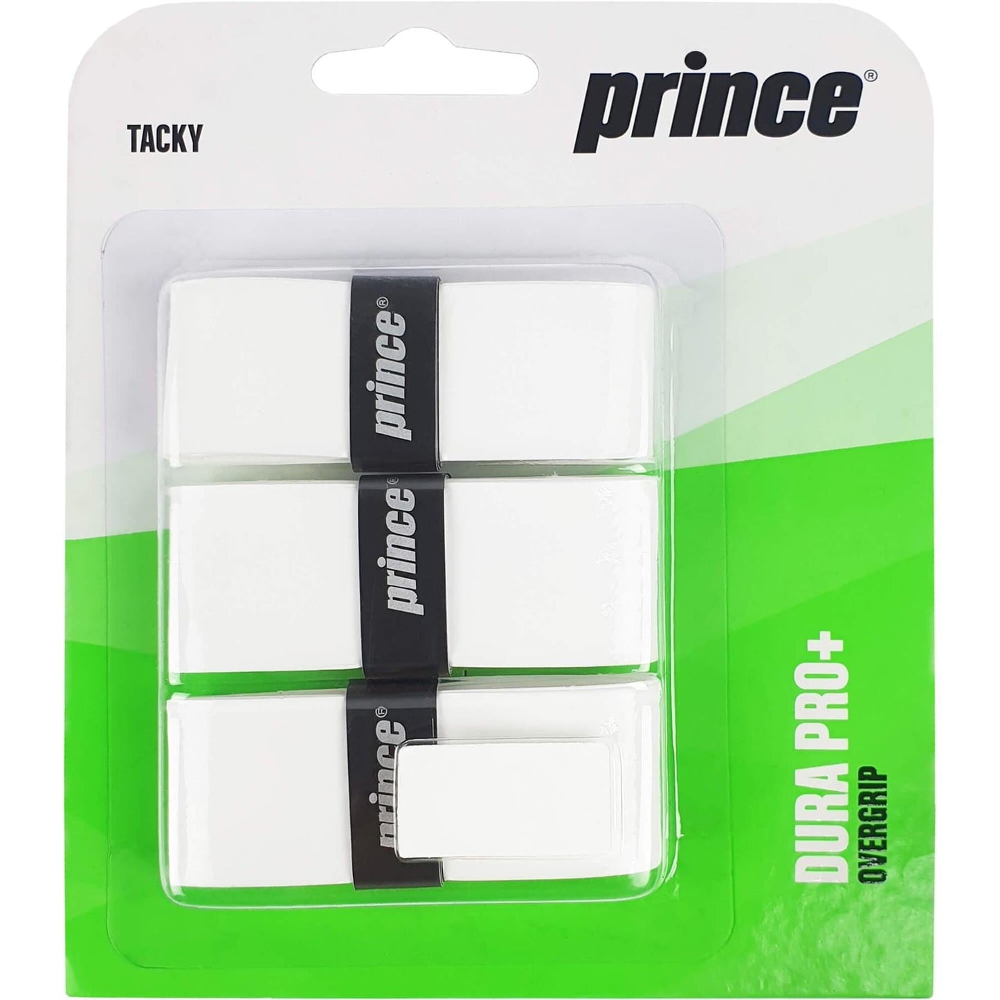 The Prince Dura Pro+ Tennis Overgrip - White - 3 Pack is presented with sleek white grips featuring black labels, all encased in a transparent blister pack set against a dynamic green and white background. The phrase "Super Tacky Feel" is prominently placed at the top to emphasize its outstanding grip performance.