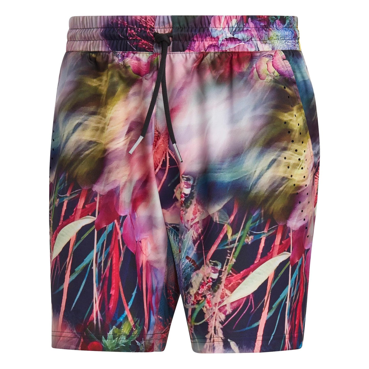 The adidas Melbourne Mens Ergo Graphic Tennis Shorts in Black/Multi showcase an abstract, vibrant floral pattern. Made from recycled materials to help combat plastic waste, the shorts feature an artistic blend of soft, blurred colors in pink, yellow, blue, and green. An adjustable drawstring waistband enhances comfort.