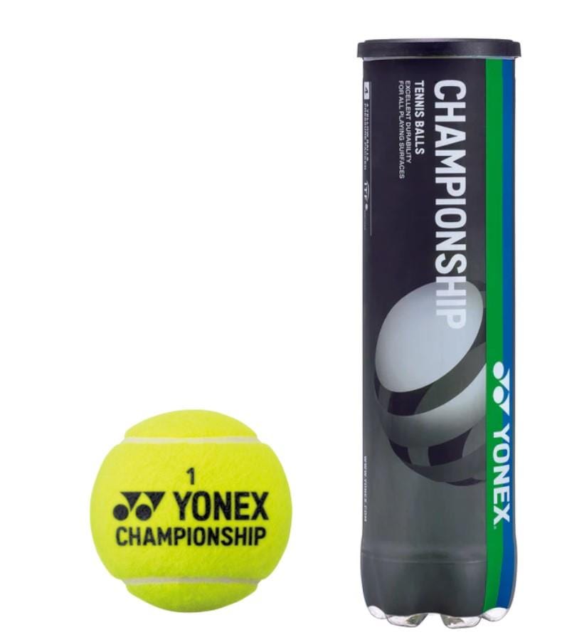 A bright yellow Yonex tennis ball, part of the Championship pressurised series and approved by the ITF, sits next to its black and green container marked "Championship." The ball prominently displays the bold black Yonex brand name and logo.