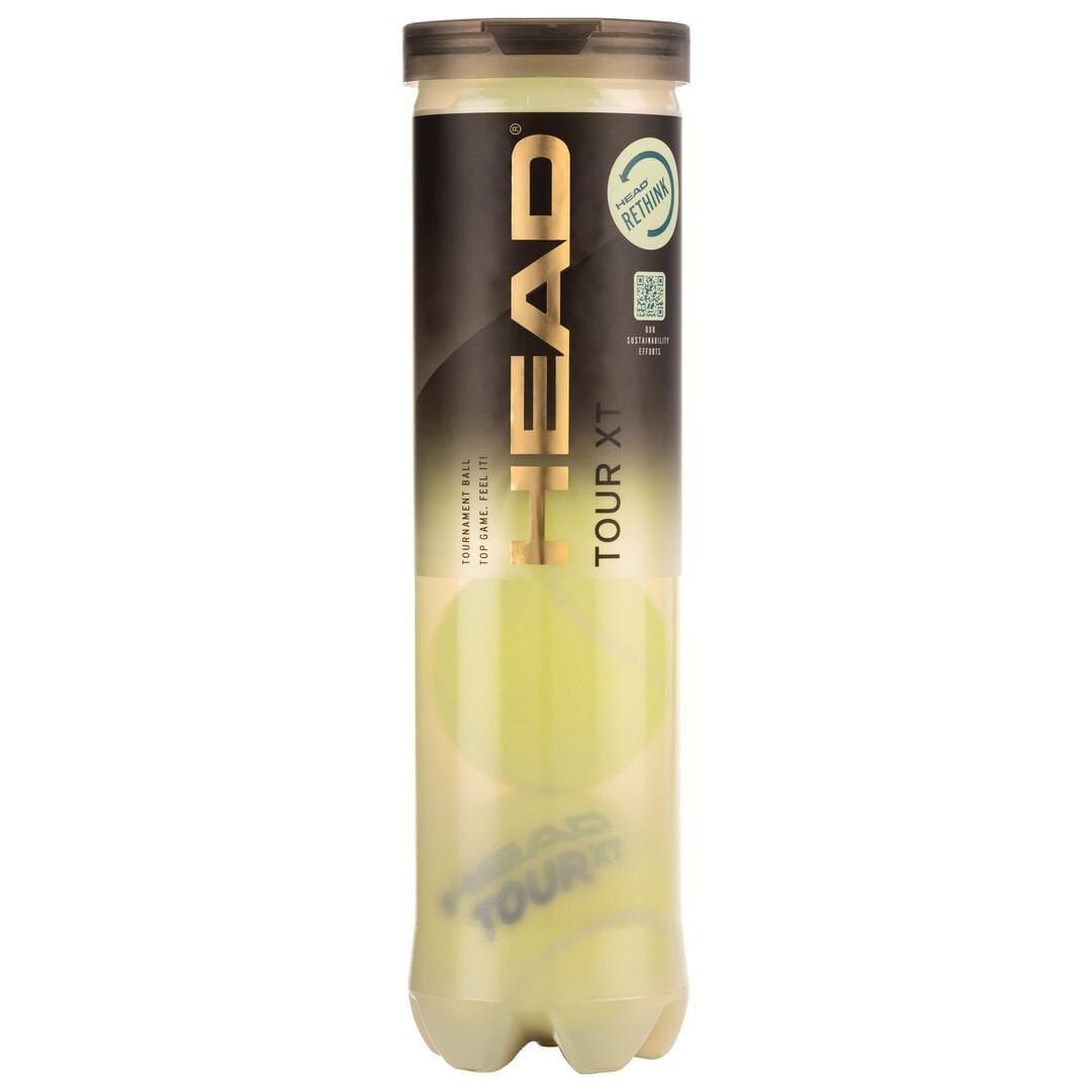 A cylindrical tube of HEAD Tour XT tennis balls displays four balls visible inside. With a black lid and a label showcasing the iconic HEAD logo, the container emphasizes premium quality and features Impact (EN)Core technology for outstanding court performance.