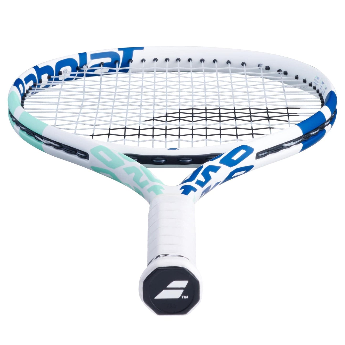 The Babolat Boost Drive W 260g Tennis Racket, showcasing a lightweight design with full graphite construction, comes in a white and blue color scheme. It features black strings and branding on the frame. When viewed from the handle end, the grip is wrapped in crisp white tape to ensure comfort.
