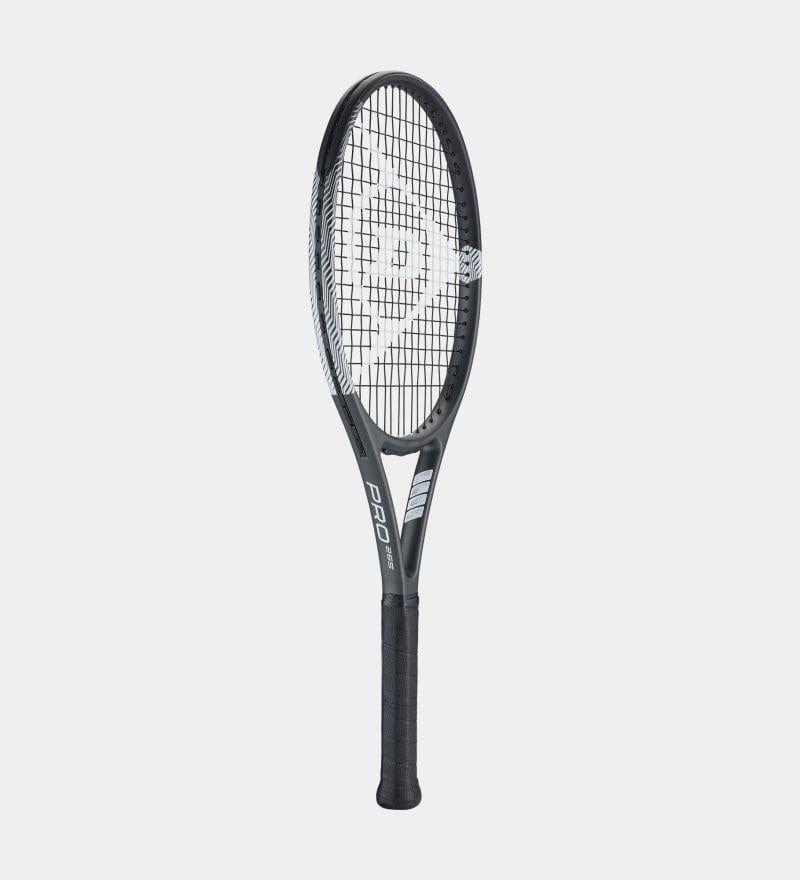 The Dunlop Tristorm Pro 265g Tennis Racket, designed for club players at an intermediate to advanced level, boasts a white logo on its strings and the word "Pro" on its frame. It features a black and gray design with a textured dark grip for added comfort, all showcased against a plain white background.