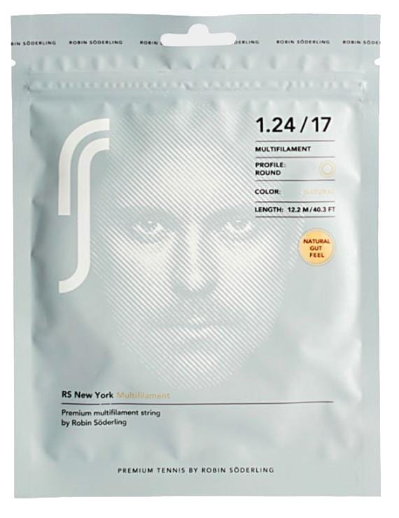 A pack of Robin Soderling RS New York Tennis Strings in a minimalistic design, featuring a gray background adorned with stylized face outlines and specification details: gauge 1.24/17, round profile, natural color, and a length of 12.2m/40.3ft.