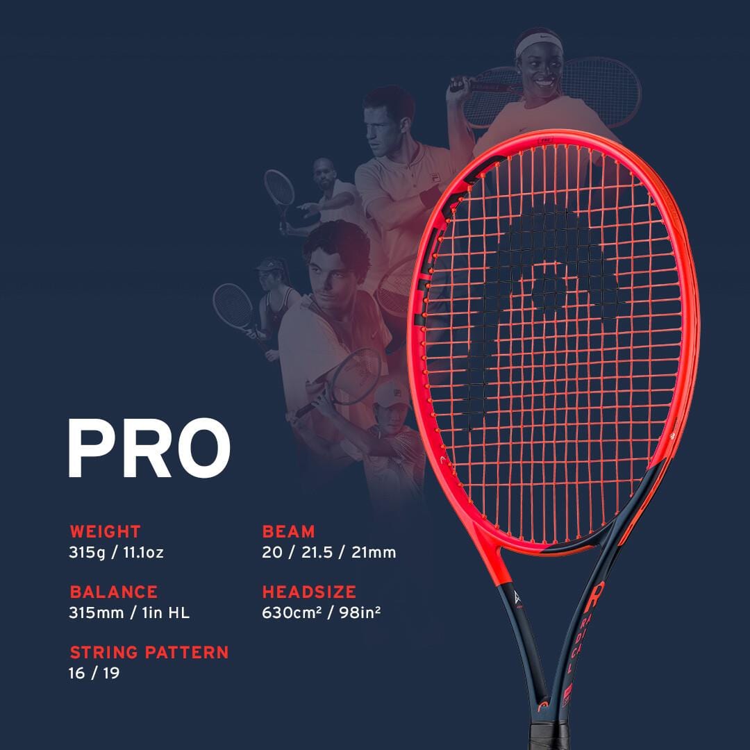 Image of a HEAD Radical Pro 2023 tennis racket in orange and navy blue, showcasing Auxetic technology. Specifications include a 315g weight, 355mm balance, a 16/19 string pattern, and a beam width of 20/21.5/21mm on a 630cm² head size. Background silhouettes of tennis players complete the dynamic scene.