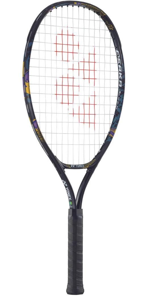 The Yonex Osaka Junior 23 Tennis Racket by Yonex is a gold and purple tennis racket. It features a dark handle, with strings forming a red design in the center and colorful accents along the sides of the frame.