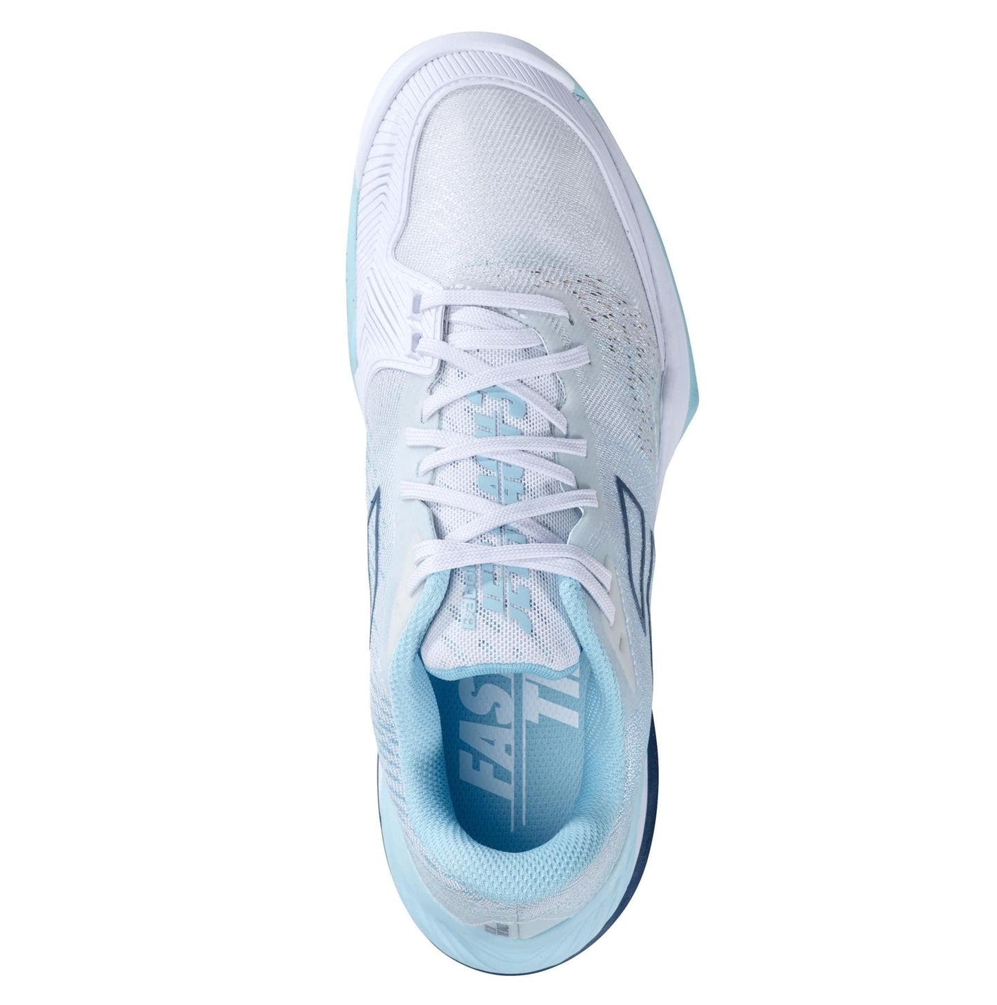 Top view of the Babolat Jet Mach 3 All Court Women's Tennis Shoe in a chic white and Angel Blue color combination, highlighting its sleek design with visible laces. This shoe features a textured surface enhanced by innovative Matryx technology and a patterned Michelin sole, with the word "FAST" visible inside.