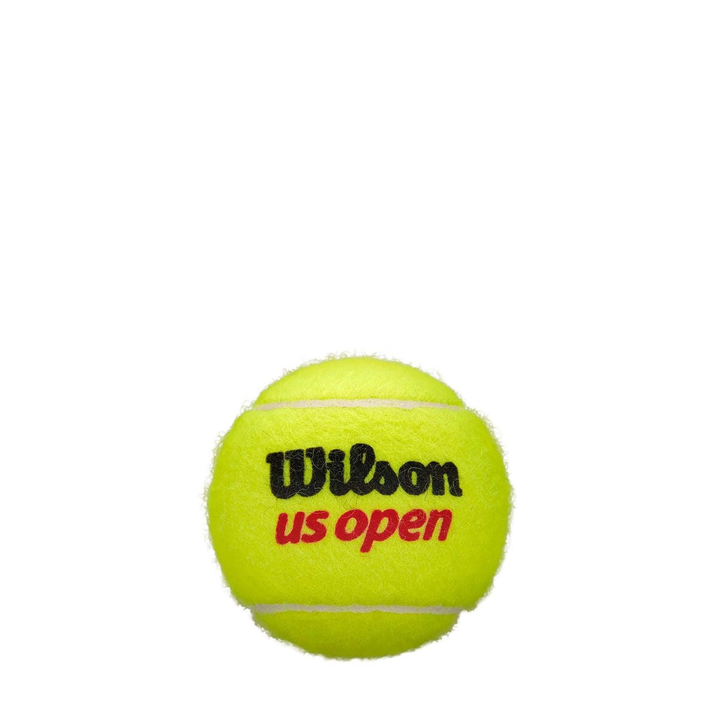 A vibrant yellow tennis ball adorned with the "Wilson" logo and "US Open" in red and black lettering, crafted for peak performance on hard court surfaces, isolated against a white background, from the Wilson US Open Official Tennis Balls - 4 Ball Tube collection.
