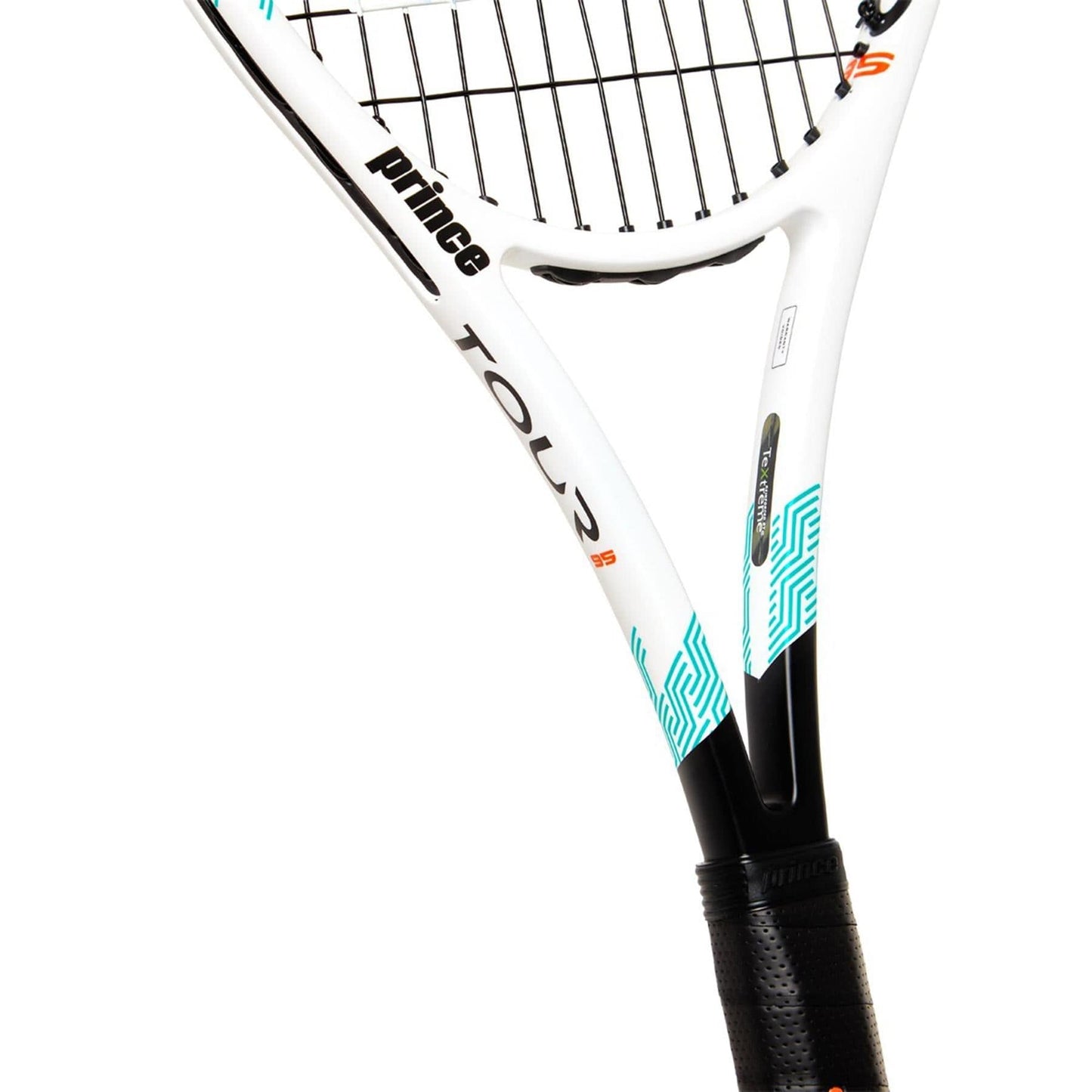 Close-up of a Prince Tour 95 320g tennis racket, ideal for advanced-level players. It features a bold design with black and white contrasts and turquoise accents. The frame showcases the "Prince" brand name along with "Tour," while the handle is wrapped in a black grip.