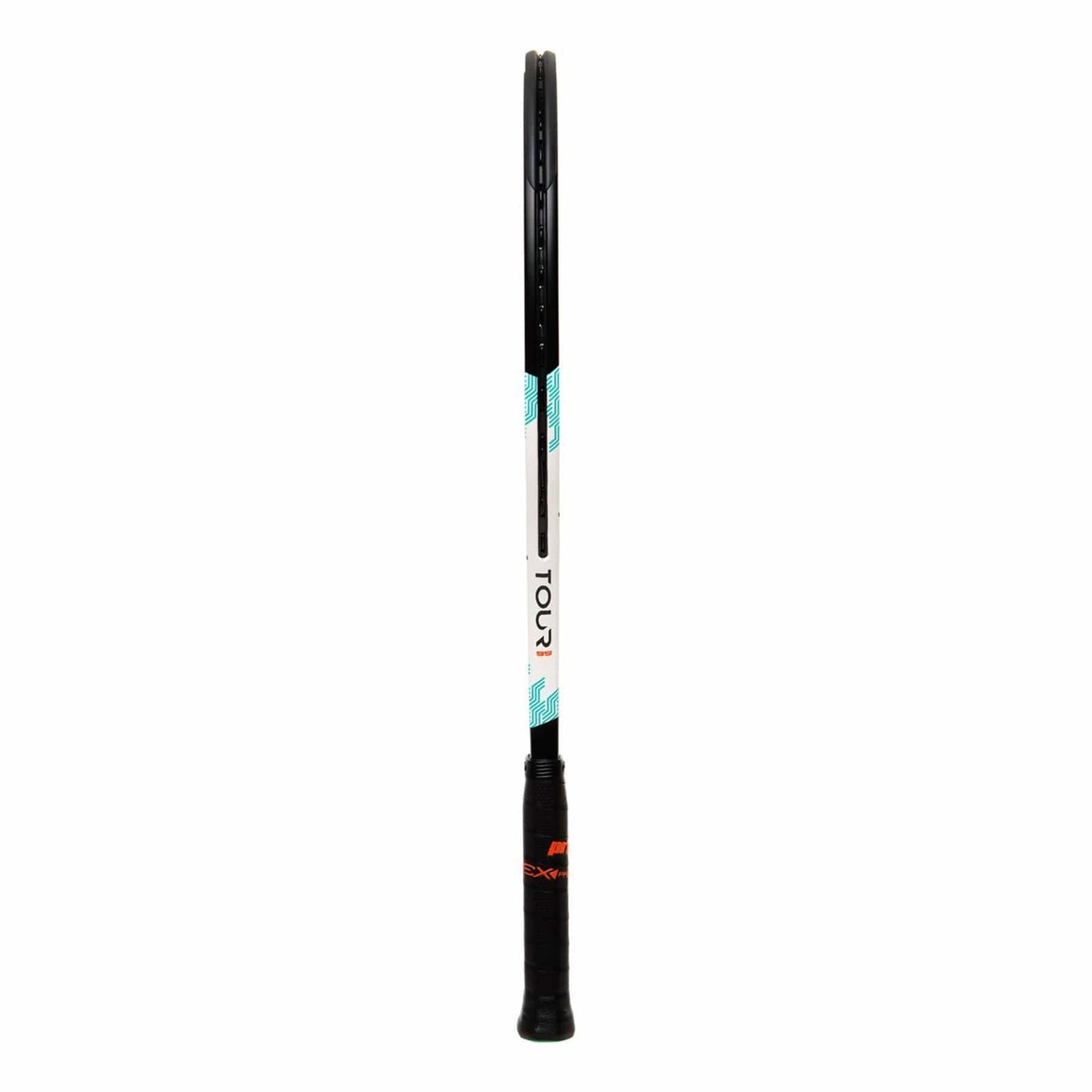 The Prince Tour 95 320g Tennis Racket by the brand Prince features a stylish black and white frame with turquoise accents and "TOUR 1" on the shaft, making it ideal for advanced-level players. The handle is skillfully wrapped in black grip tape to boost performance.