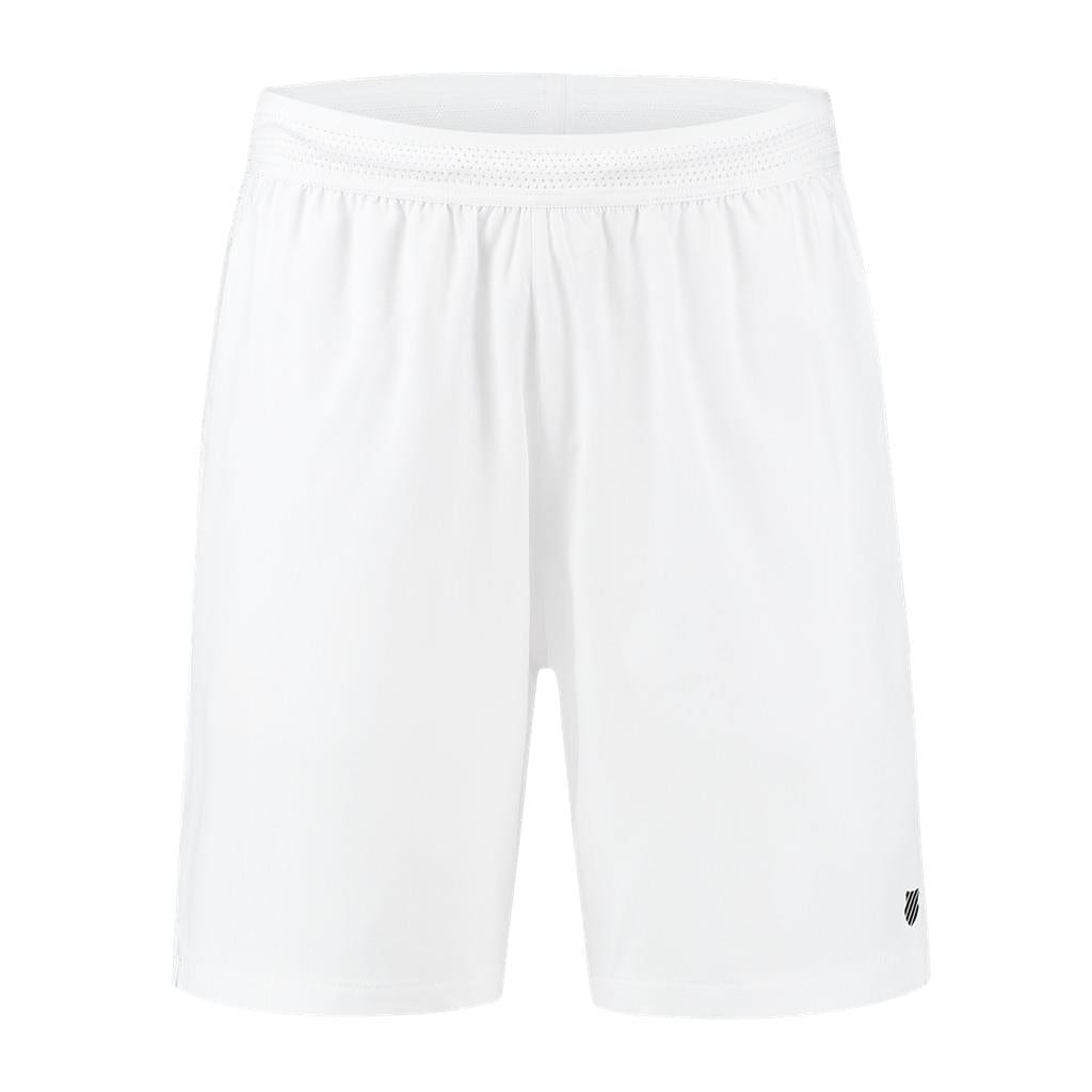 The K-Swiss Hypercourt Men's Tennis Shorts in white come with an elastic waistband and feature a small black logo at the bottom of the right leg. Made from lightweight, breathable fabric, they are perfect for performance wear, ideal for tennis or casual occasions.