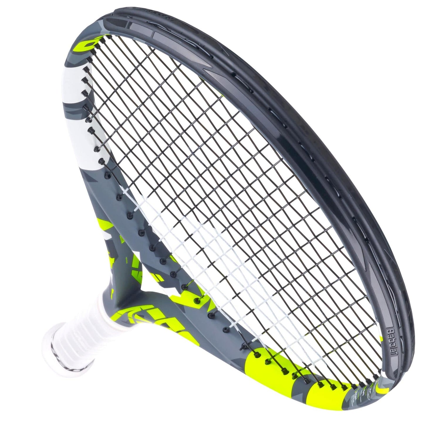 The Babolat Aero Junior 26 Tennis Racket by Babolat showcases a vibrant grey and yellow design. Its tightly woven strings enhance the spin, while the handle features a white grip. Positioned diagonally with the head pointing upward, it's all set for the next match.