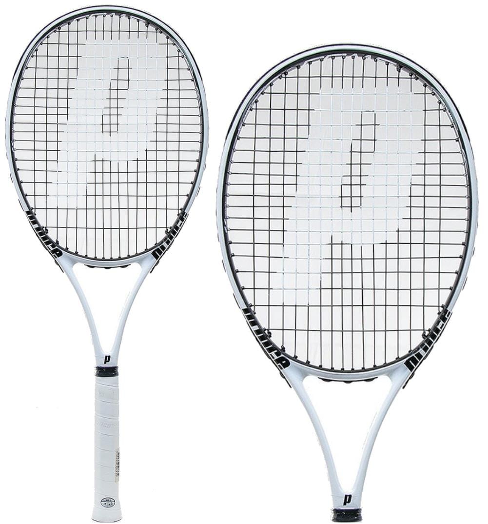 A pair of Prince Thunder Dome 100 Tennis Rackets, featuring white frames with black strings and a lightweight feel, are positioned side by side. Each racket showcases a prominent "P" logo on the strings. They have head light balance and handles wrapped in white grip tape, resting against a plain white background.