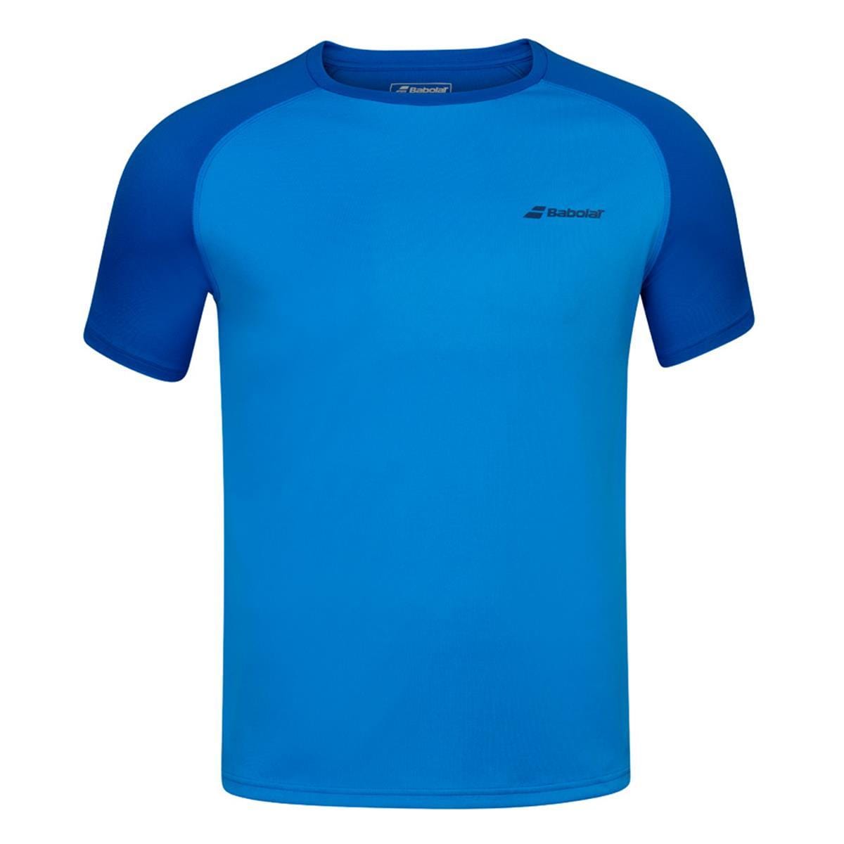 The Babolat Play Crew Neck Men's Tennis T-Shirt - Blue Aster is crafted with Fiber Dry polyester to ensure optimal performance. It features a blue short-sleeve design with contrasting dark blue raglan sleeves and a small logo on the chest. The sport clothing piece is presented against a clean white background.