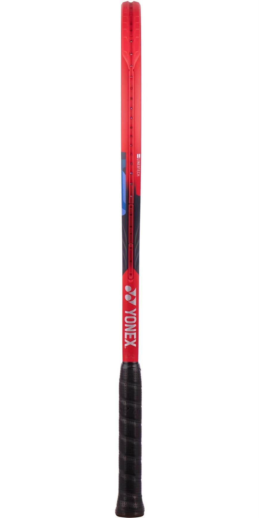 The Yonex VCORE 100 2023 Tennis Racket (Frame Only) in Scarlet is depicted from the side, featuring a black grip. Delicate blue and black accents adorn the frame, which enhances spin and speed performance. The Yonex logo stands out prominently on the throat, while its ISOMETRIC™ technology ensures exceptional play on the court.