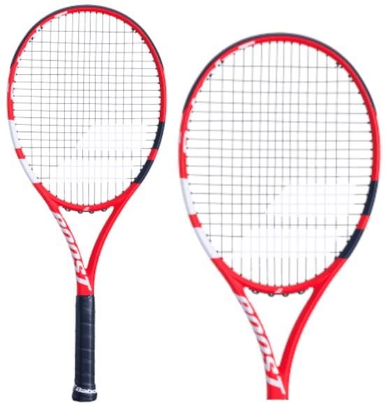 A pair of Babolat Boost Strike tennis rackets, featuring a red, black, and white design with black grips, are arranged against a white background. The word "Boost" is prominently displayed on the frames, emphasizing their graphite construction.
