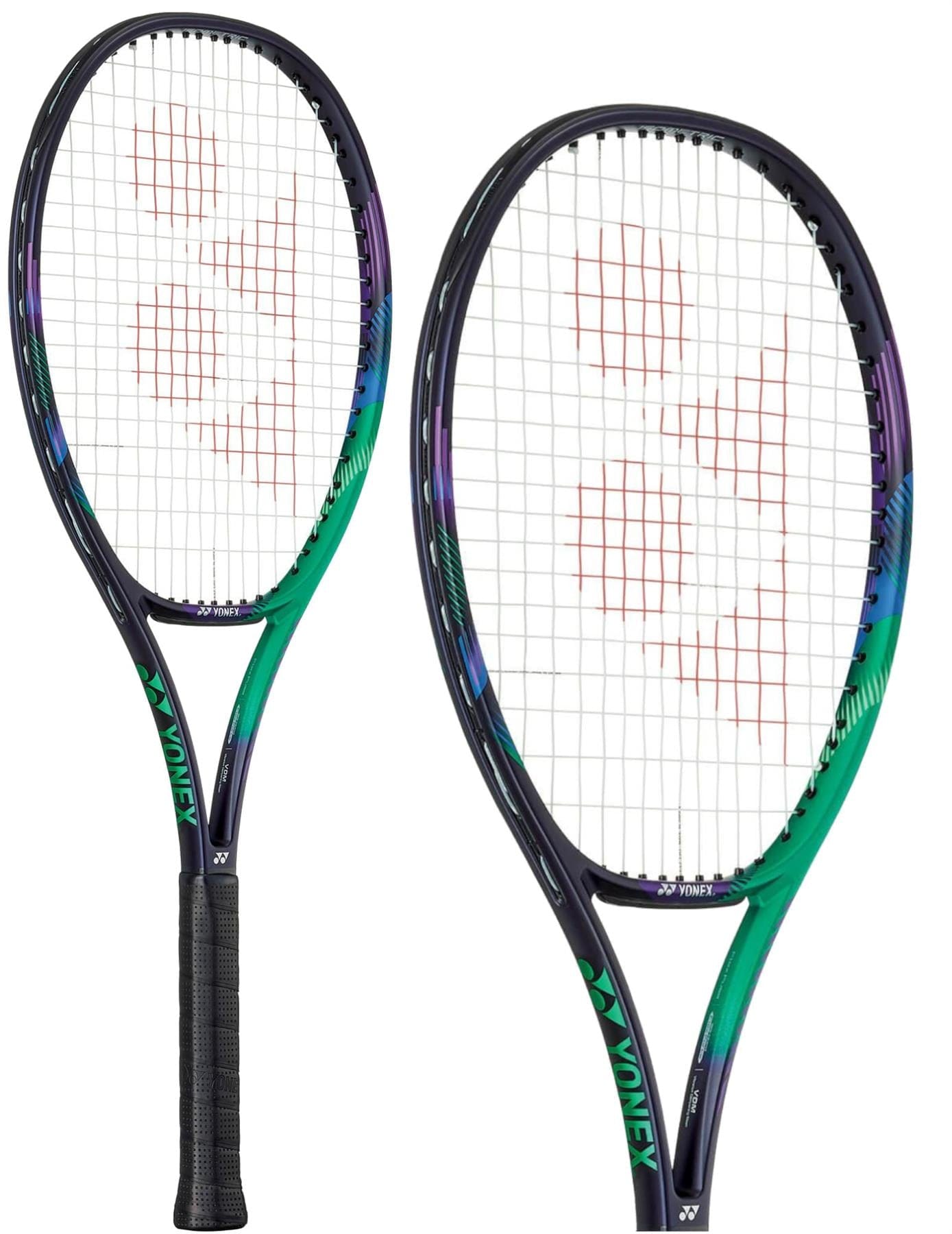 Two Yonex VCORE Pro 100 tennis rackets with black handles and vibrant frames in green and purple. The strings display a red logo, emphasizing the precision and feel that players seek. Displayed from various angles for a detailed view of their design.