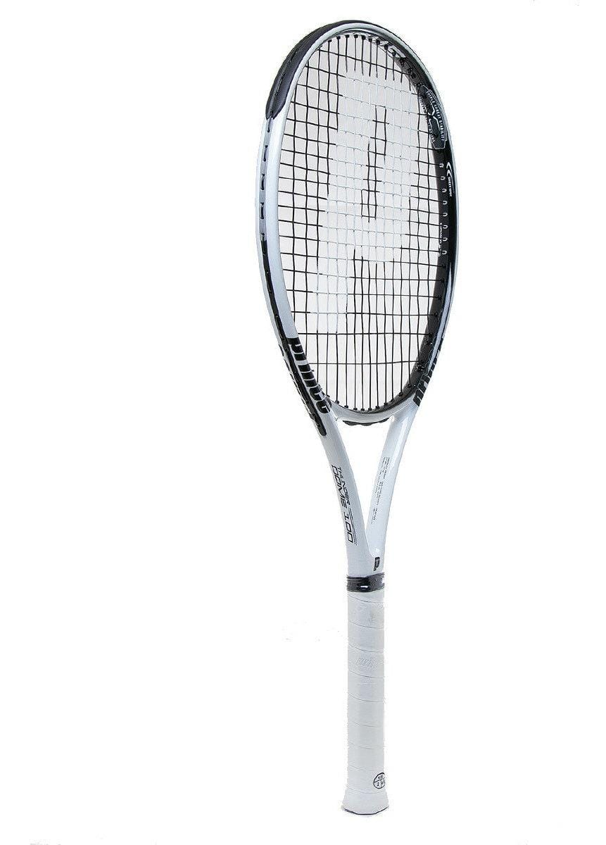 A Prince Thunder Dome 100 Tennis Racket in black and white, featuring a logo on the strings, designed with a head light balance for a lightweight feel, is standing upright on a white background.