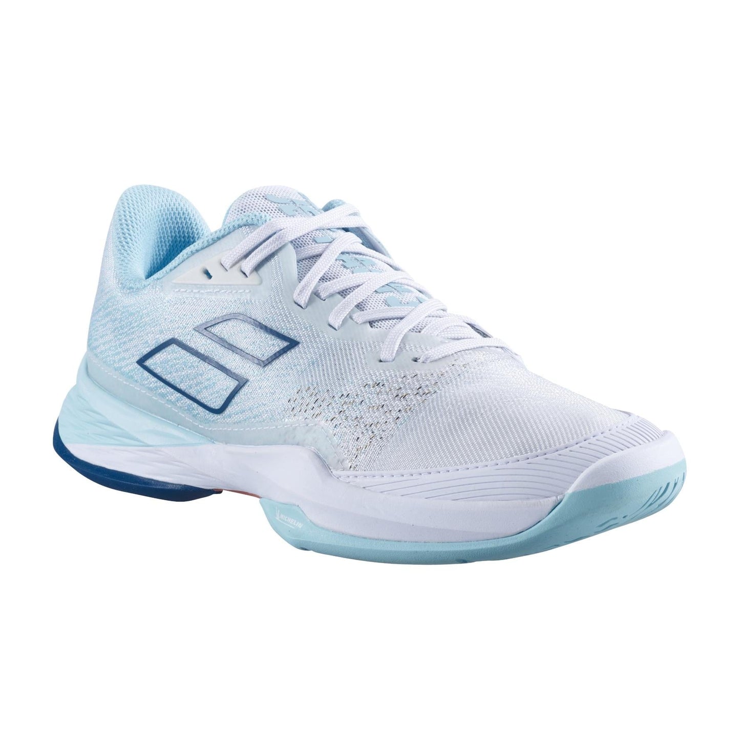 The Babolat Jet Mach 3 All Court Women's Tennis Shoes in White and Angel Blue boast a textured upper with a stylized logo on the side. Incorporating Matryx technology and a Michelin sole, these shoes feature a lace-up design with cushioned support, making them ideal for sports or casual wear.