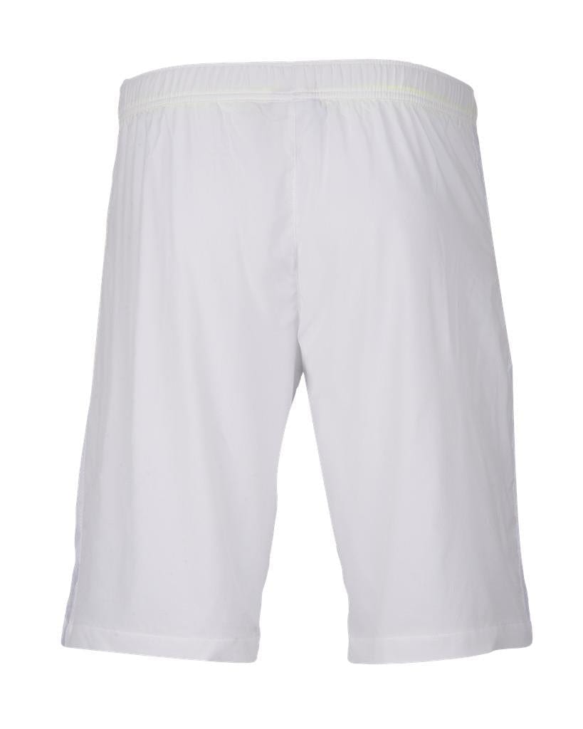 The Dunlop Club Line Mens Woven Tennis Shorts - White are showcased from the back. These knee-length shorts feature a comfortable elastic waistband and are crafted from a polyester-spandex blend, set against a plain white background.