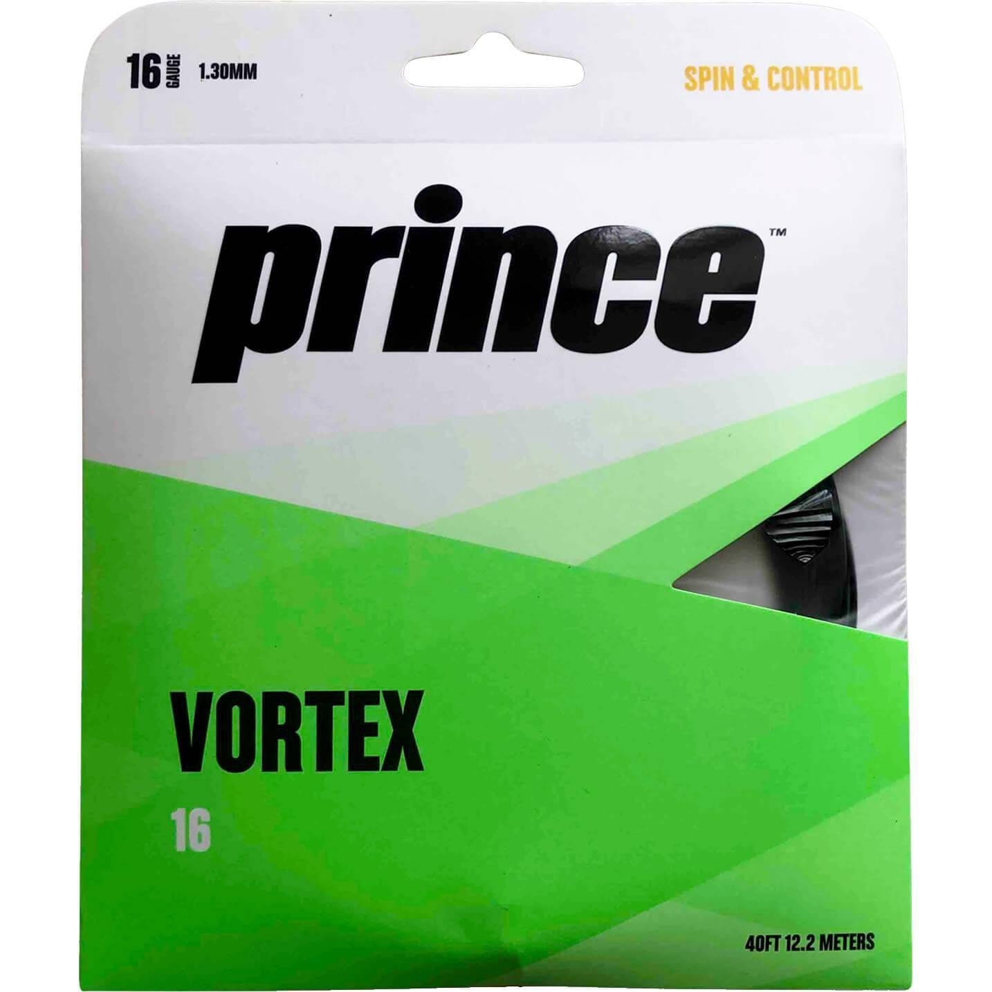 A package of Prince Vortex Black String Set, ideal for intermediate-level players, displays "16 gauge, 1.30mm, maximum spin & control" on the top right and "40ft 12.2 meters" on the bottom. Part of the black string is visible through a cutout in the packaging.