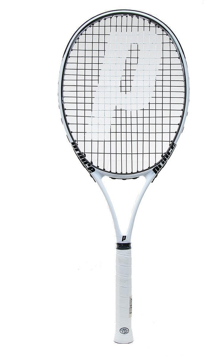 The Prince Thunder Dome 100 Tennis Racket - White, from the brand Prince, showcases a design with a white frame and black strings, prominently featuring a large "P" logo in the string pattern. Its handle is wrapped in white grip tape to provide a head light balance for an exceptionally light feel. Positioned vertically against a plain background, this racket embodies its sleek and functional design.