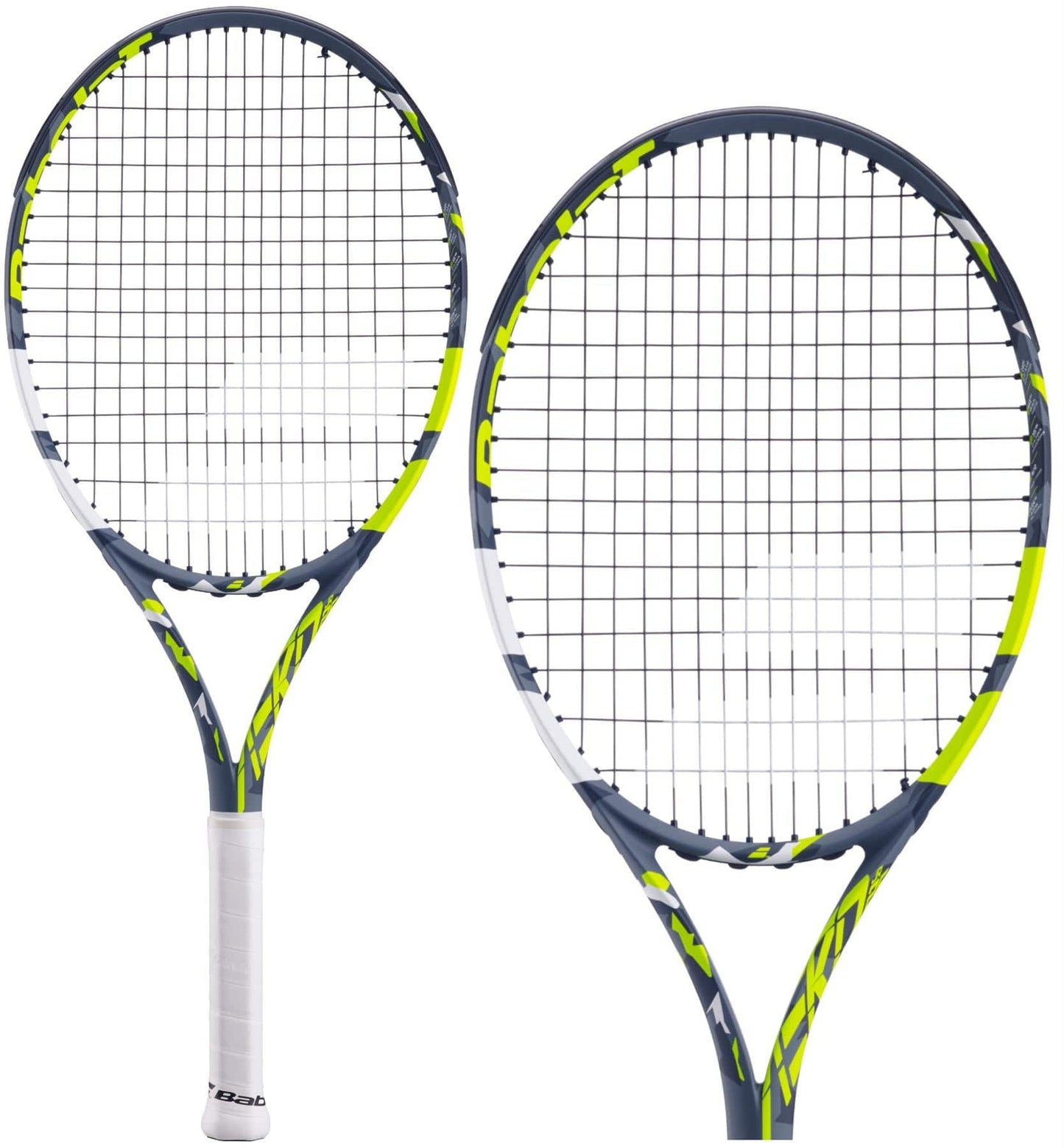The Babolat Aero Junior 26 Tennis Rackets, featuring grey and yellow frames with strung strings, are showcased against a simple backdrop. These rackets emphasize a contemporary design and enhanced spin performance, ideal for young aspiring players.